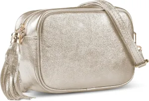 Italian Genuine Metallic Suede Crossbody Bag for Women with Tassel Zipper | Camera Purse Shoulder Handbag Pocketbook