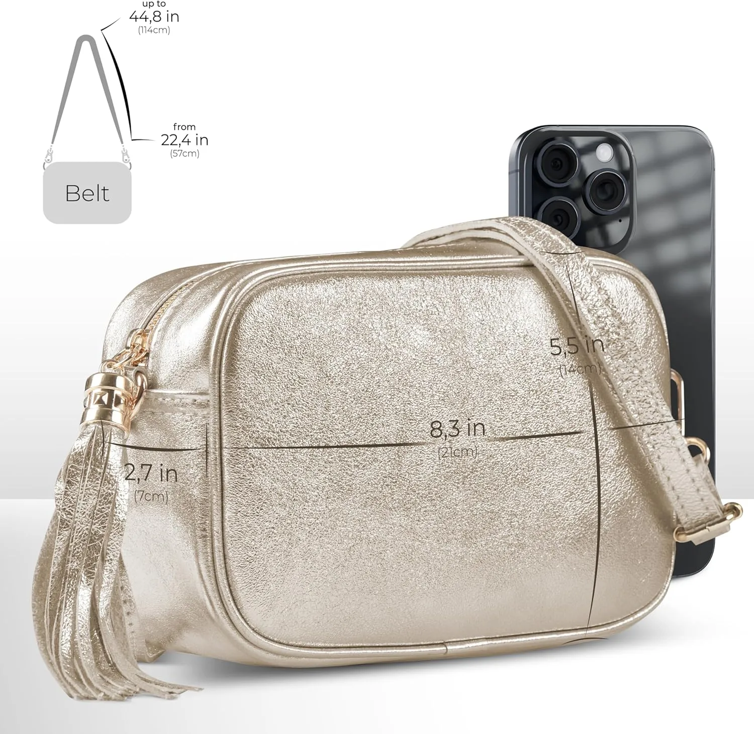 Italian Genuine Metallic Suede Crossbody Bag for Women with Tassel Zipper | Camera Purse Shoulder Handbag Pocketbook