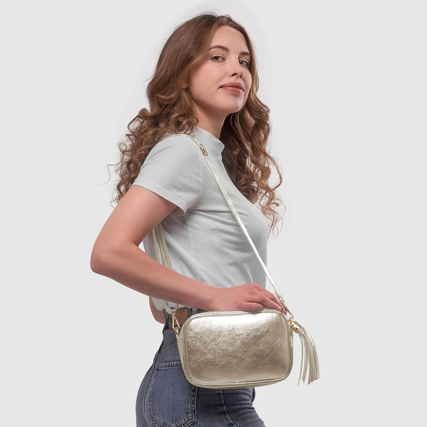 Italian Genuine Metallic Suede Crossbody Bag for Women with Tassel Zipper | Camera Purse Shoulder Handbag Pocketbook