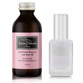 Karma Organic Nail Polish Remover & Base Coat Bundle – Natural Rose Oil Nail Polish Remover (4FL-Oz) Two in One Base/Top Coat (0.43FL-Oz)