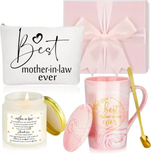 Lallisa 4 Pcs Best Mother-in-Law Ever Gift Box Coffee Mug Lavender Scented Candles Makeup Bags for Mother's Day Birthday Gifts from Daughter-in-Law Son-in-Law