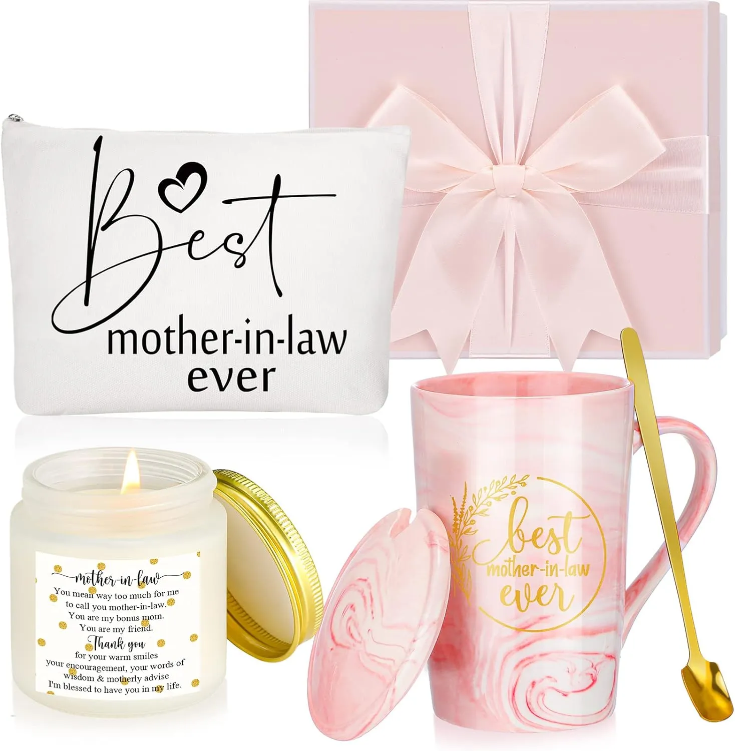 Lallisa 4 Pcs Best Mother-in-Law Ever Gift Box Coffee Mug Lavender Scented Candles Makeup Bags for Mother's Day Birthday Gifts from Daughter-in-Law Son-in-Law