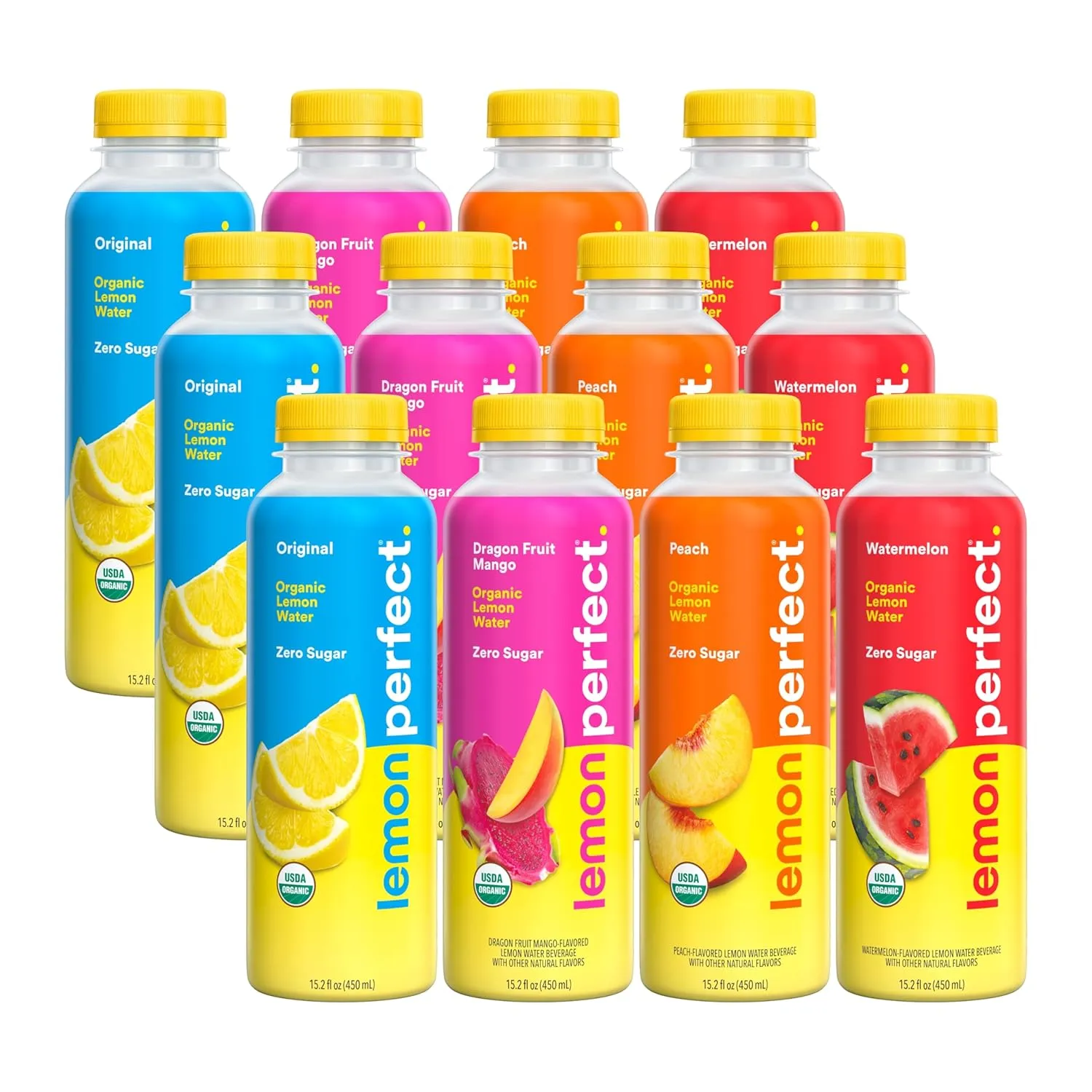 Lemon Perfect 4-Flavor Variety Pack, Hydrating Flavored Lemon Water, Zero Sugar, Delicious and Refreshing, Organic, 15.2 fl oz Bottles (12-Pack)