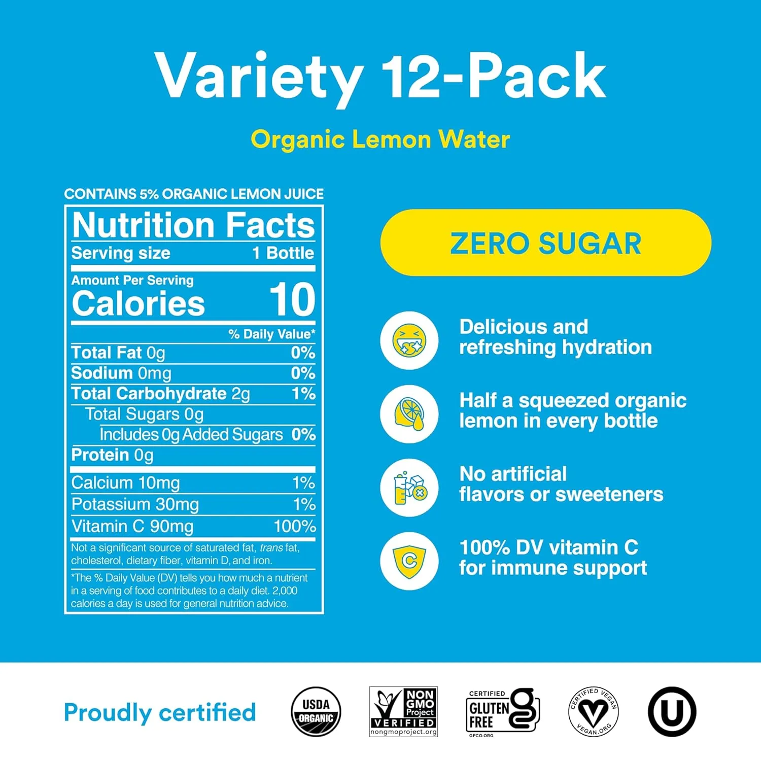 Lemon Perfect 4-Flavor Variety Pack, Hydrating Flavored Lemon Water, Zero Sugar, Delicious and Refreshing, Organic, 15.2 fl oz Bottles (12-Pack)