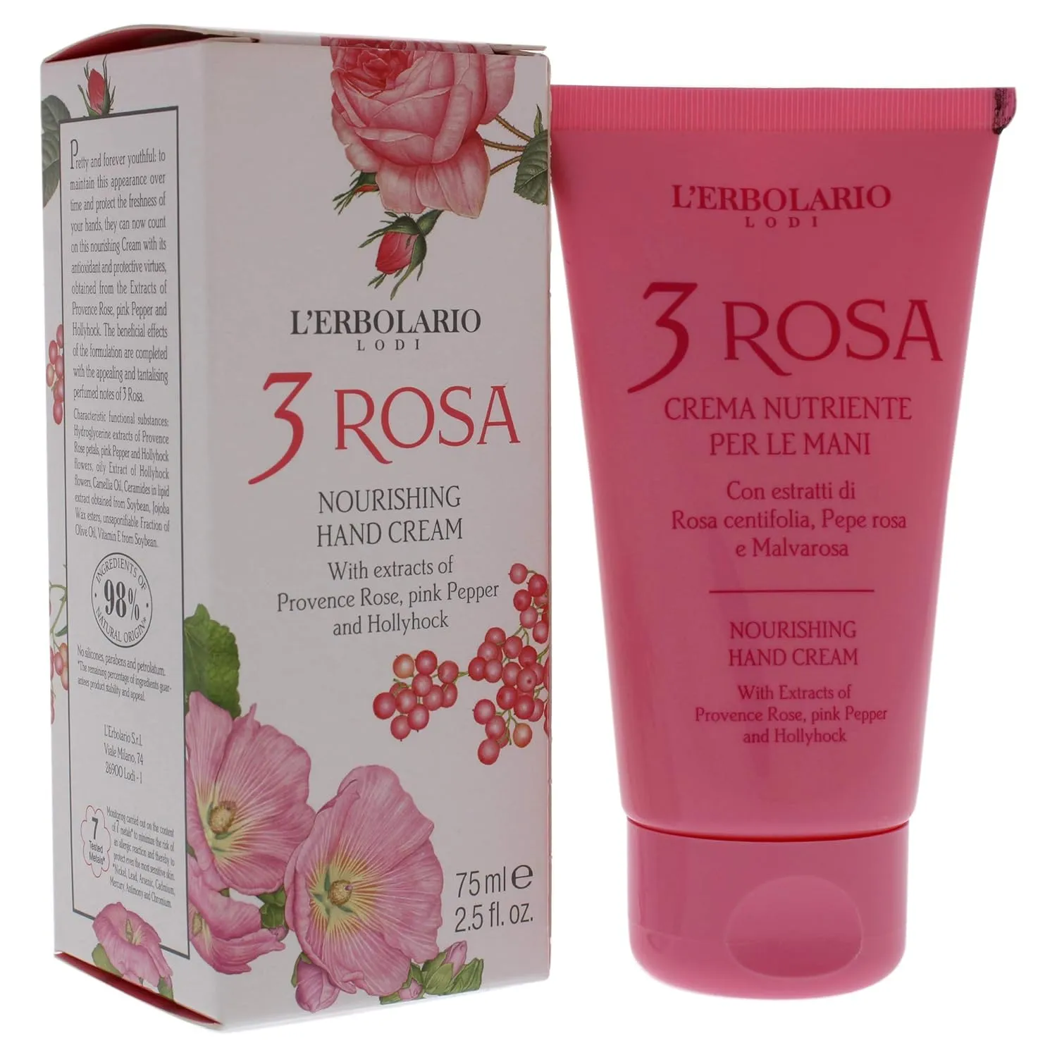 L’Erbolario 3 Rosa Nourishing Hand Cream - Moisturizing Hand Lotion for Women and Men with Camellia Oil - For Dry, Cracked Hands and Redness - 2.5 oz