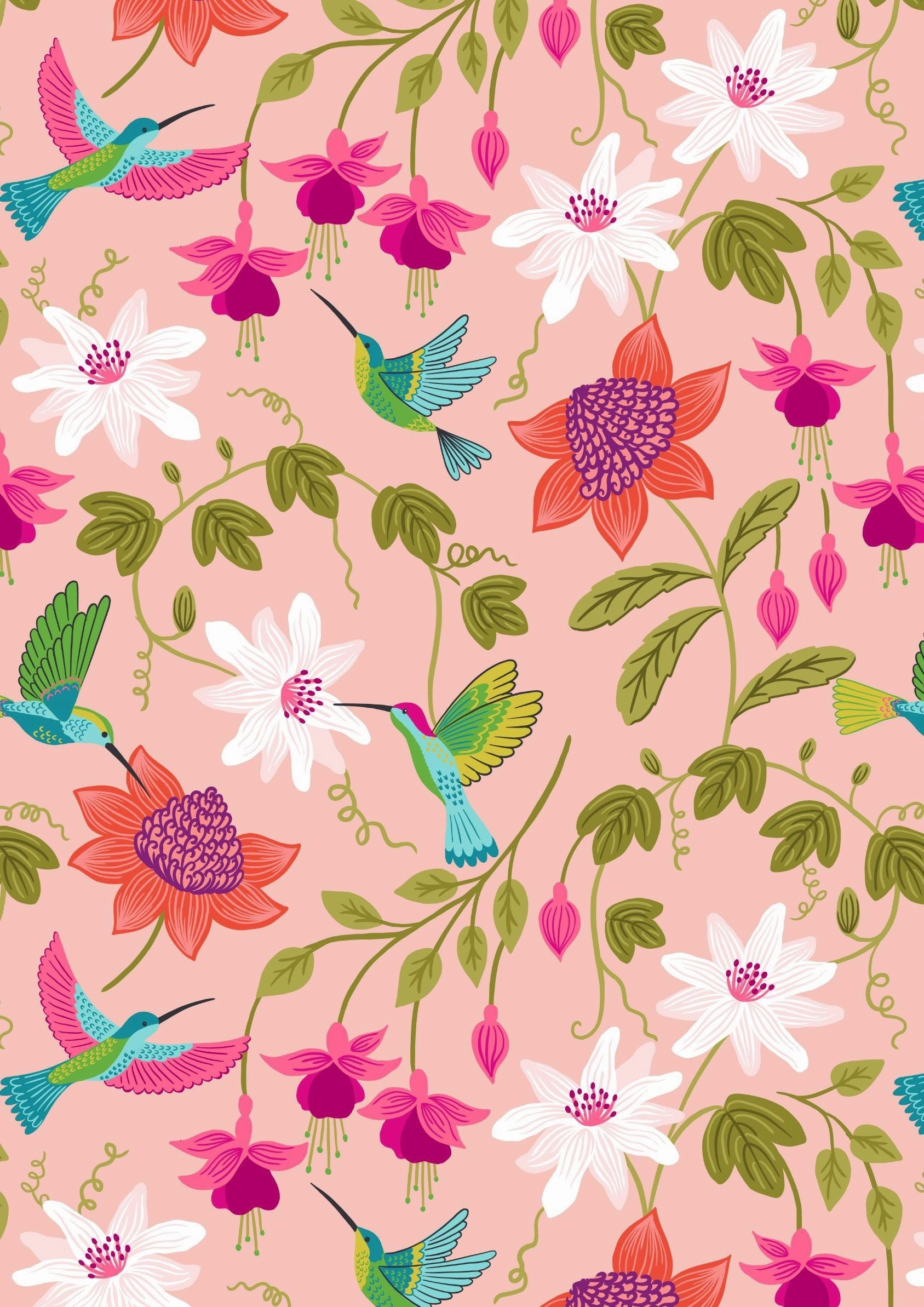 Lewis & Irene Hibiscus Hummingbird Fabric Collection Large Floral on Blush Pink A593.1