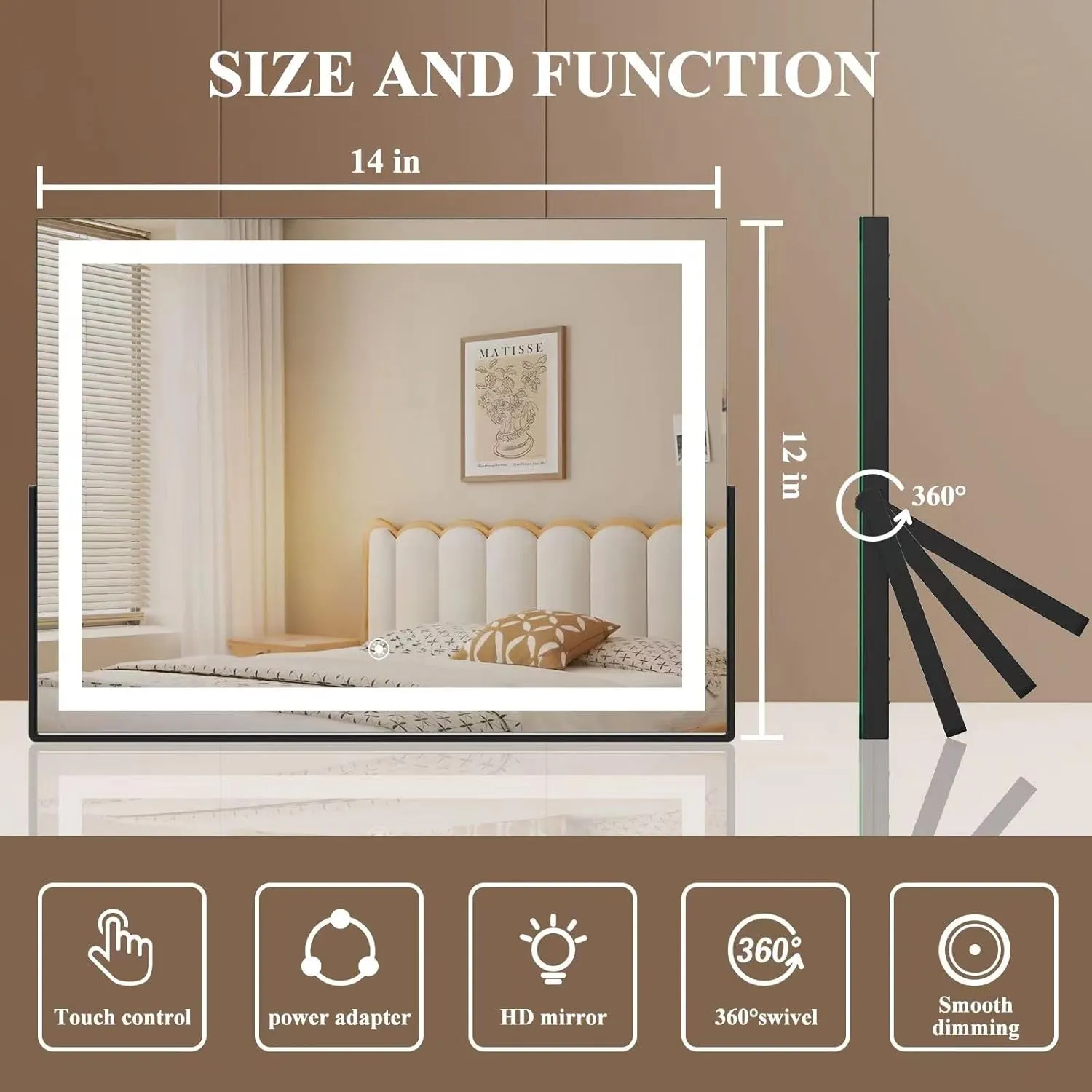Ligheted Vanity Mirror with Lights, 14" x 12" LED Makeup Mirror, 3 Modes Light, Smart Touch Control Dimmable, 360°Rotation, Rectangle Black Frame