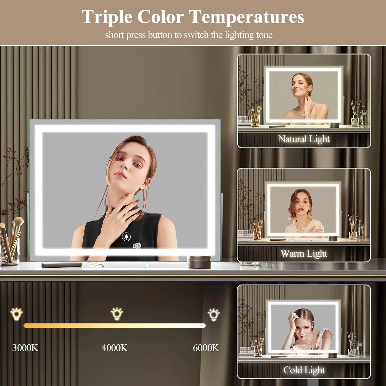 Ligheted Vanity Mirror with Lights, 14" x 12" LED Makeup Mirror, 3 Modes Light, Smart Touch Control Dimmable, 360°Rotation, Rectangle Black Frame