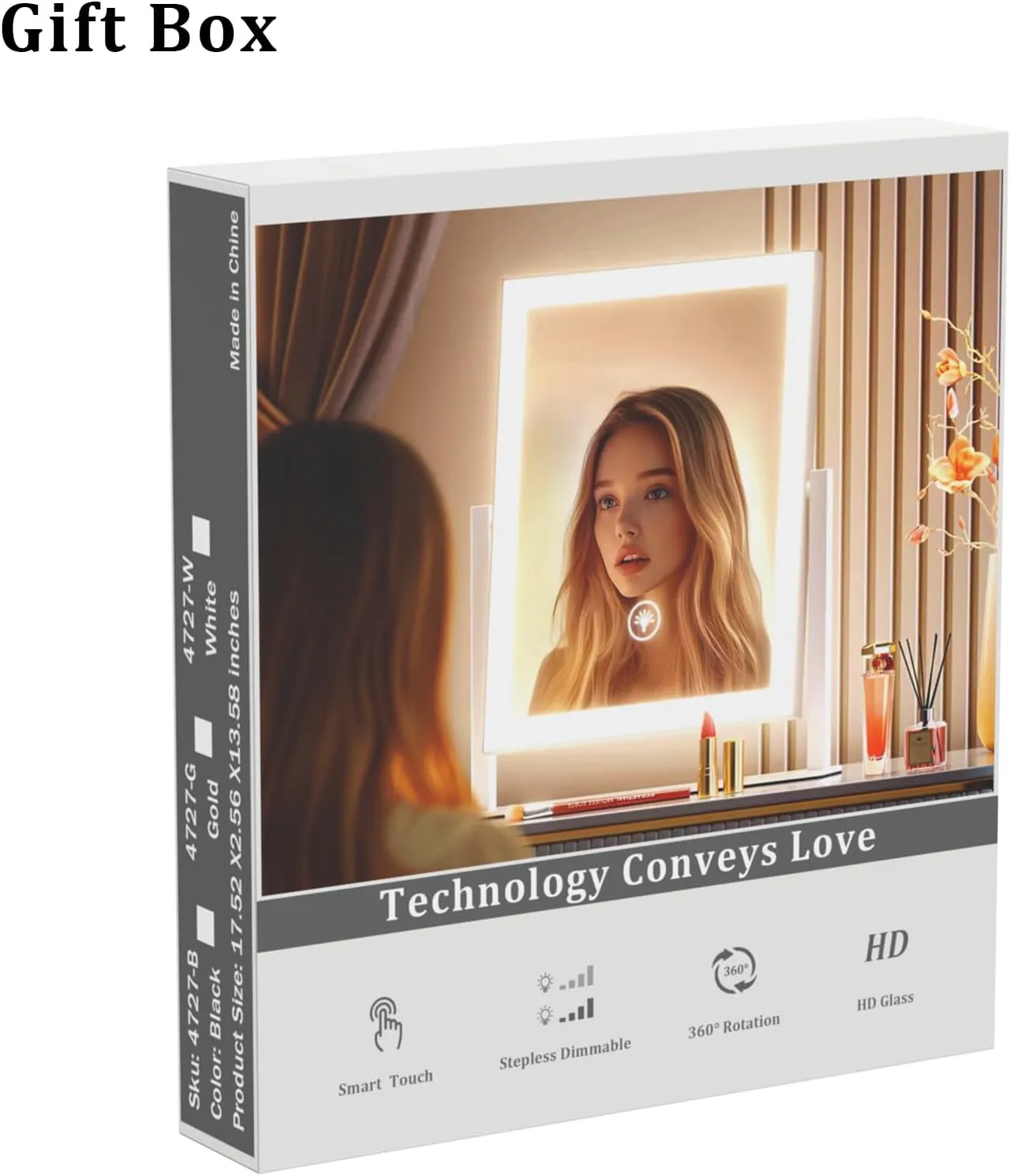 Lighted Makeup Mirror, 17.2"x13.6" Hollywood Vanity Mirror with Lights, Three Color Modes, Smart Touch Control, 360°Rotation,with 5X Magnifying Glass