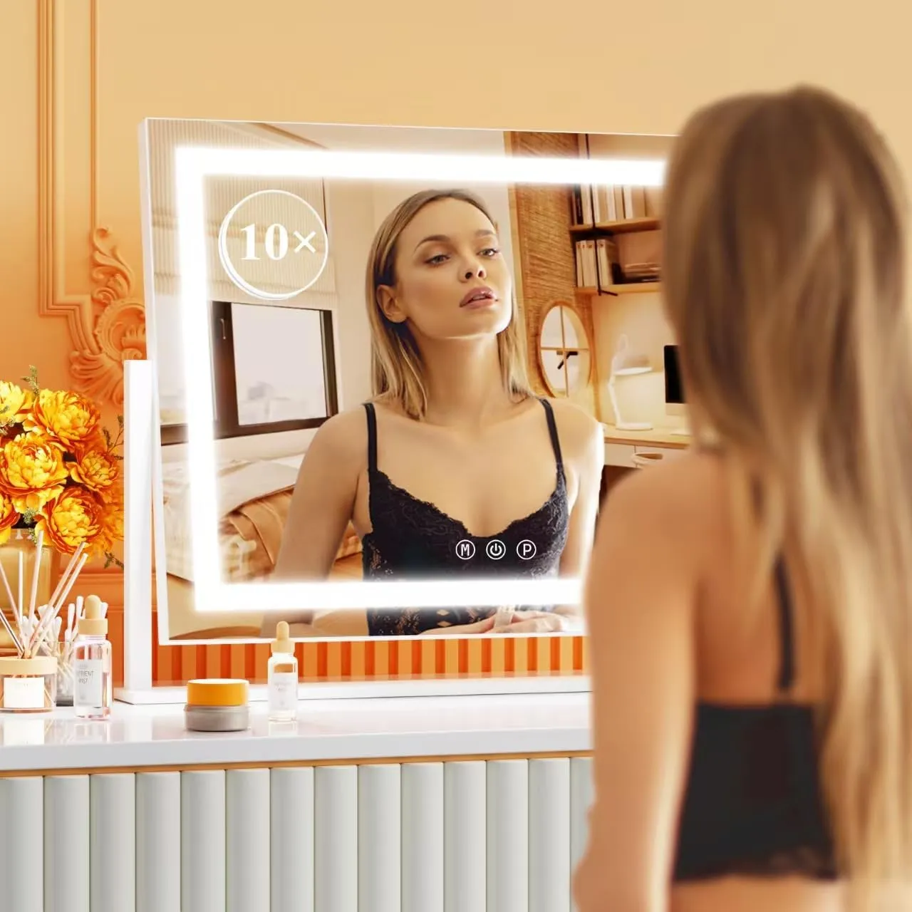 Lighted Makeup Mirror, 17.3"x13" Hollywood Vanity Mirror with Lights,Three Color Lighting Modes, and 5X Magnification Mirror, Smart Touch Control, 360°Rotation (White, Gift Box)
