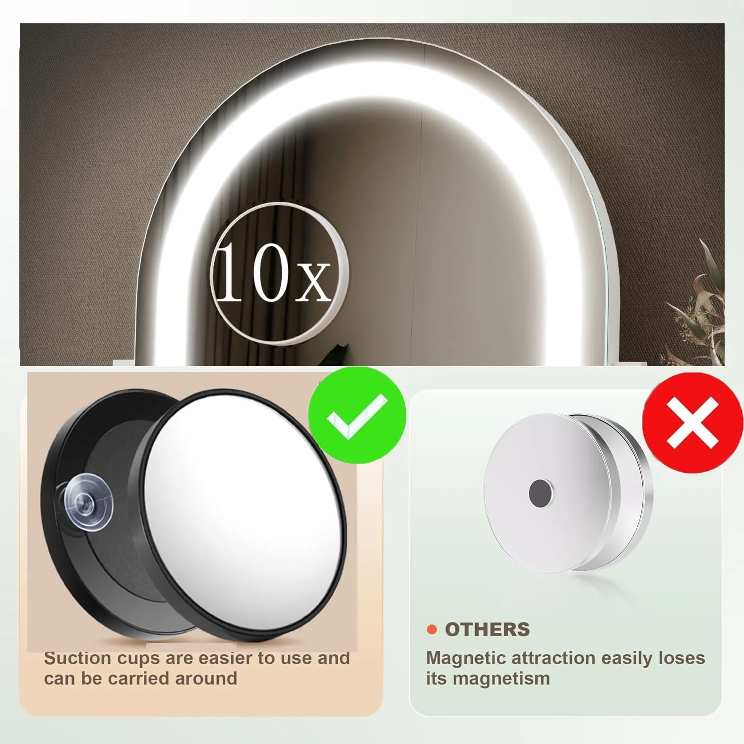 Lighted Makeup Mirror, Hollywood Vanity Mirror with Lights, Three Color Lighting Modes, and Detachable 10X Magnification Mirror, Smart Touch Control, 360°Rotation (15.2in. Curved)