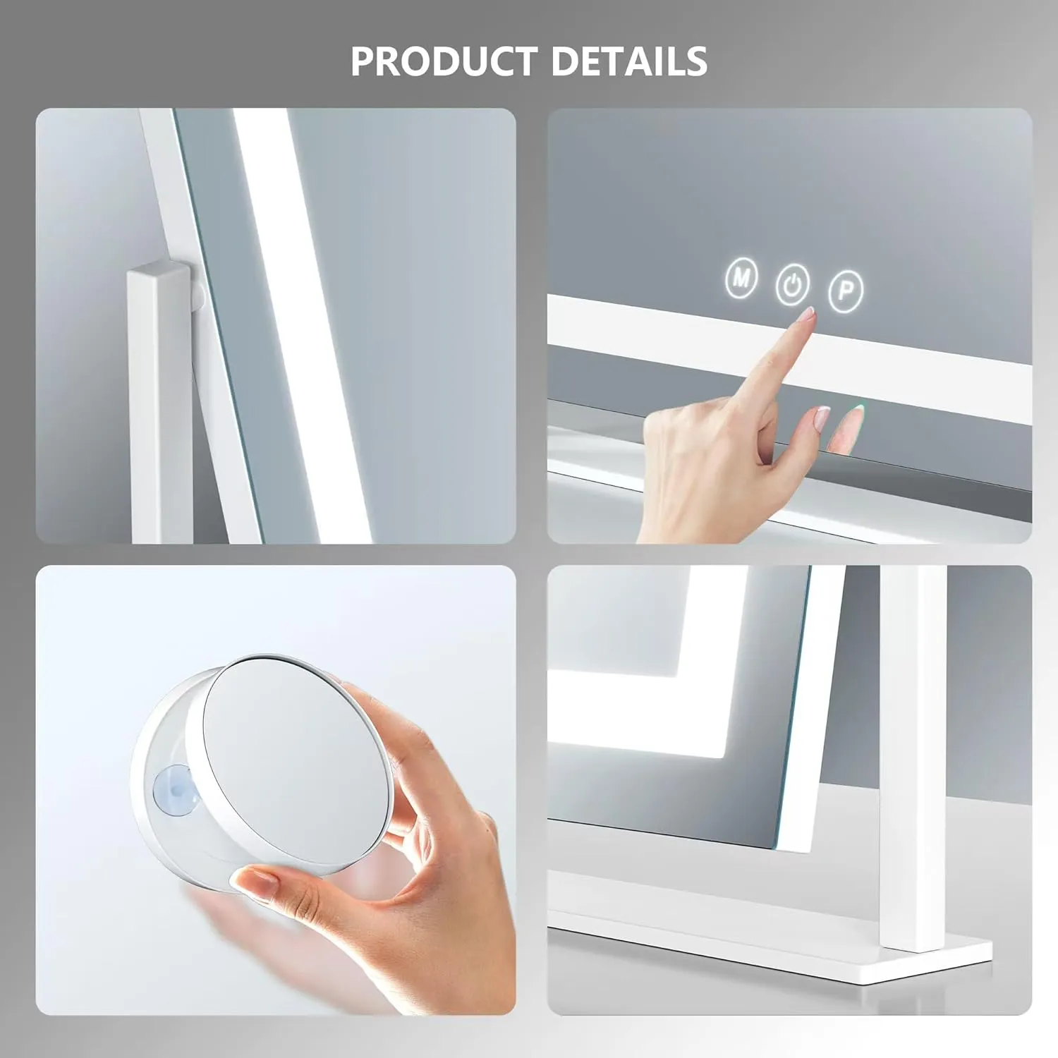 Lighted Makeup Mirror, Hollywood Vanity Mirror with Lights, Three Color Lighting Modes, and Detachable 10X Magnification Mirror, Smart Touch Control, 360°Rotation (15.2in. Curved)