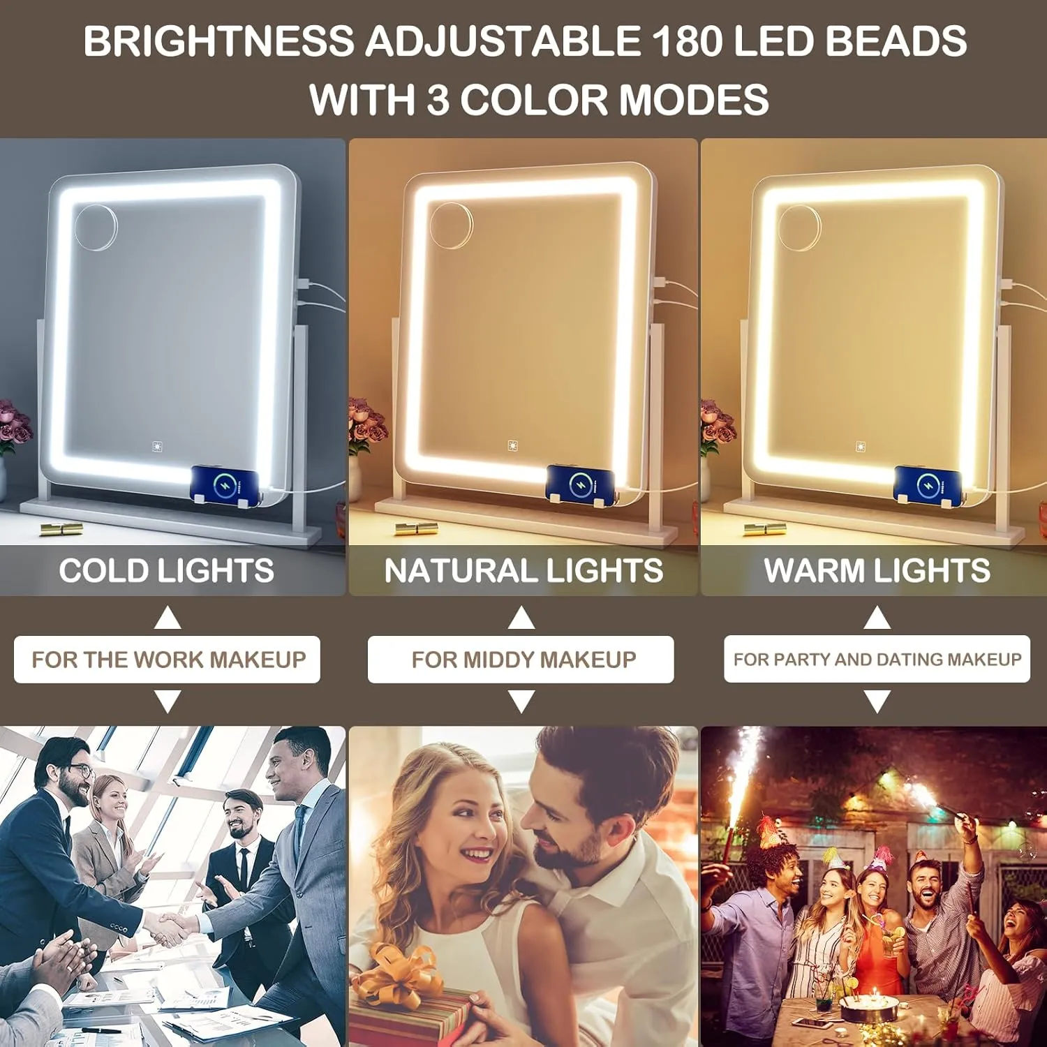Lighted Makeup Mirror, Hollywood Vanity Mirror with Lights, Three Color Lighting Modes, and Detachable 10X Magnification Mirror, Smart Touch Control, 360°Rotation (15.2in. Gold)