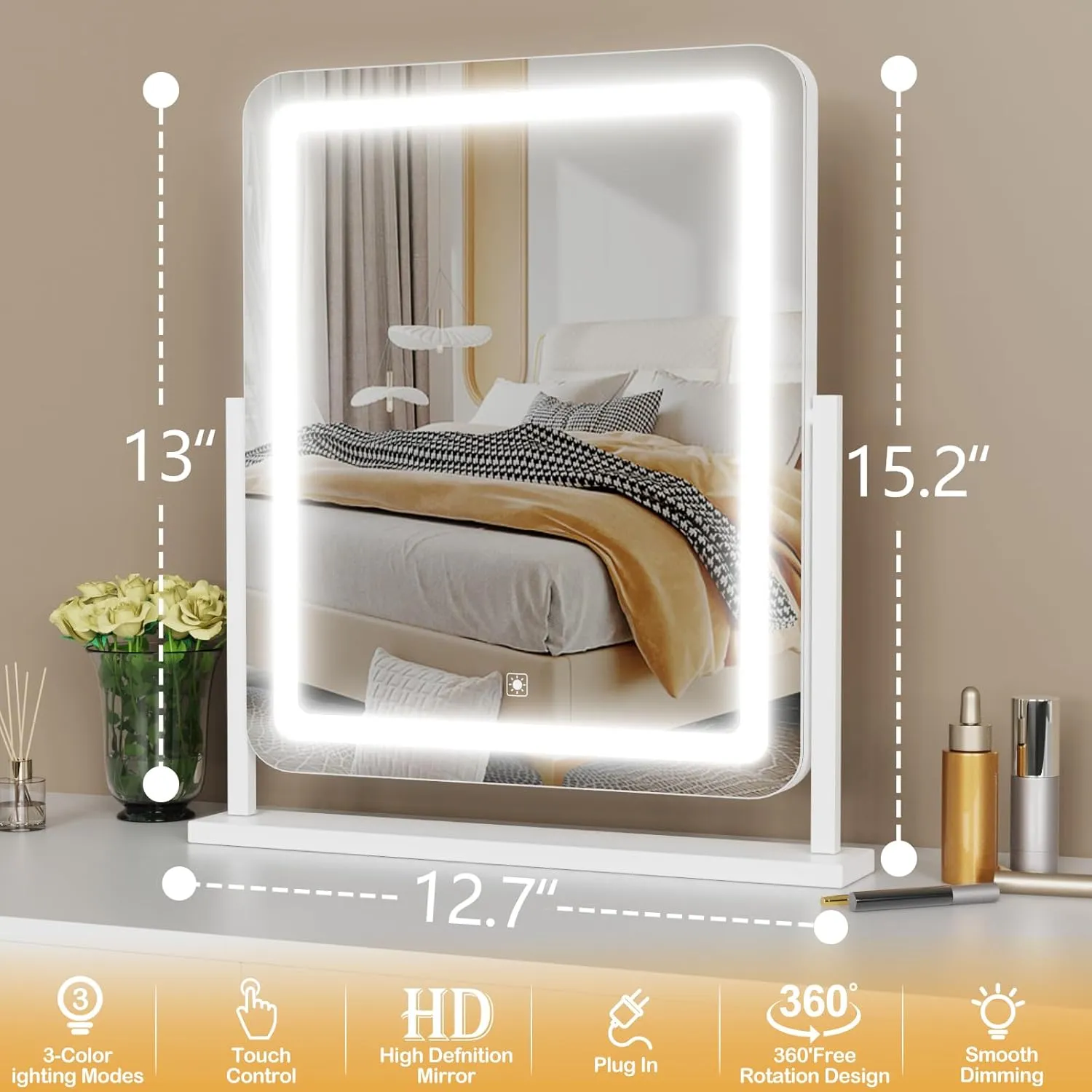 Lighted Makeup Mirror, Hollywood Vanity Mirror with Lights, Three Color Lighting Modes, and Detachable 10X Magnification Mirror, Smart Touch Control, 360°Rotation (15.2in. Gold)
