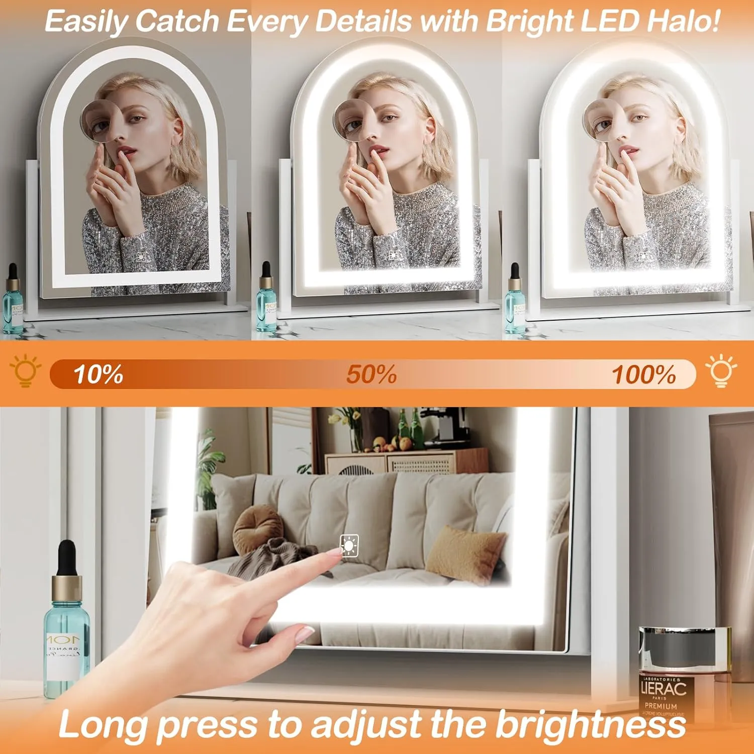 Lighted Makeup Mirror, Hollywood Vanity Mirror with Lights, Three Color Lighting Modes, and Detachable 10X Magnification Mirror, Smart Touch Control, 360°Rotation (15.2in White)