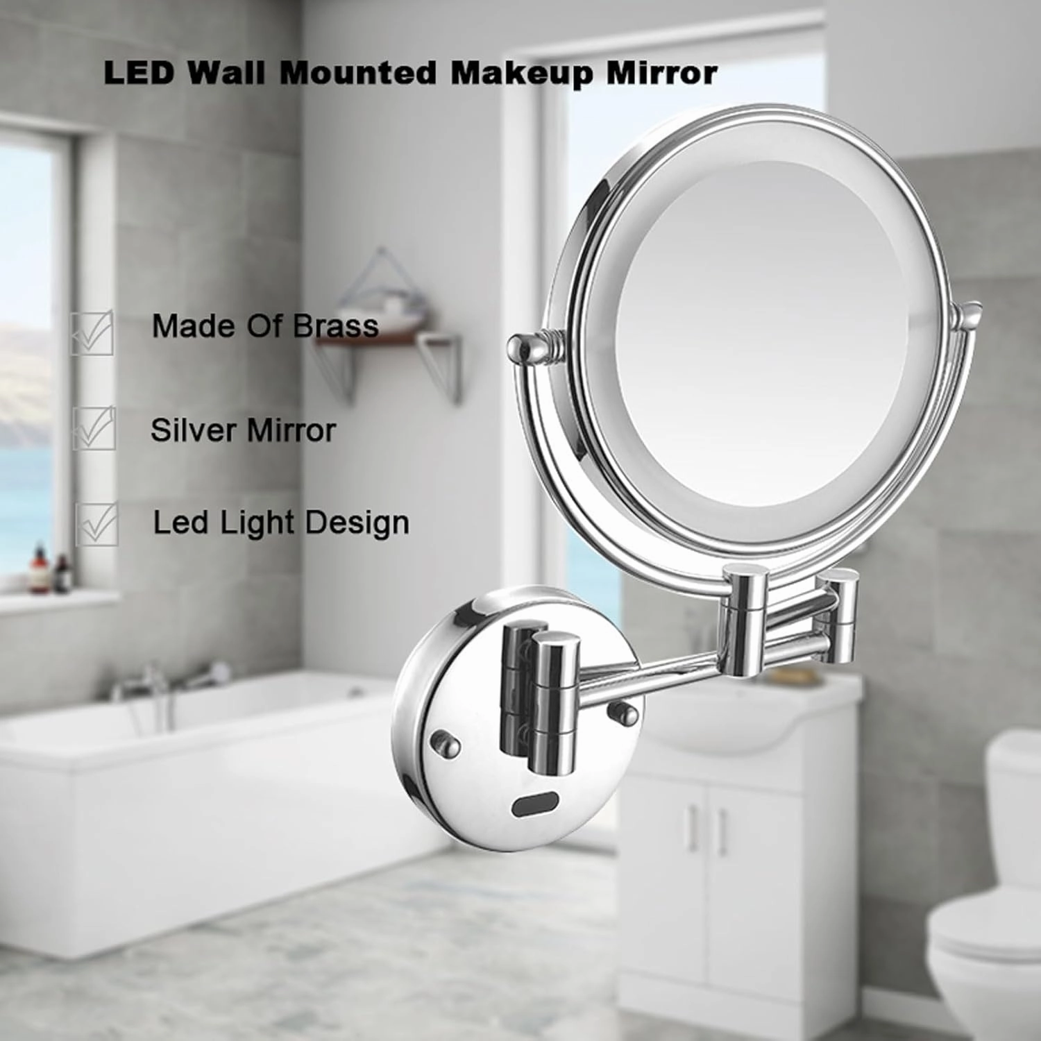 Lighted Makeup Mirror Wall Mounted, Cosmetic Mirror with Magnification, Double Sided Vanity Mirror with Led Lights, 360° Swivel Bathroom Shaving Mirror Extend and Fold