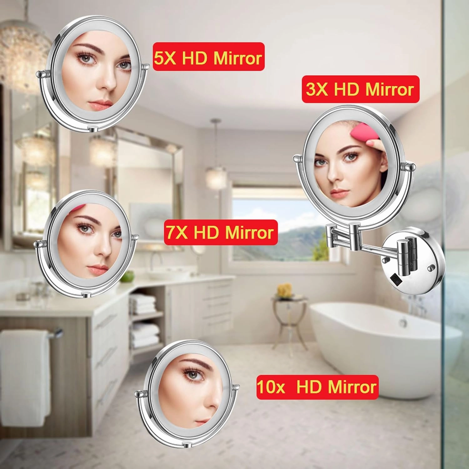 Lighted Makeup Mirror Wall Mounted, Cosmetic Mirror with Magnification, Double Sided Vanity Mirror with Led Lights, 360° Swivel Bathroom Shaving Mirror Extend and Fold