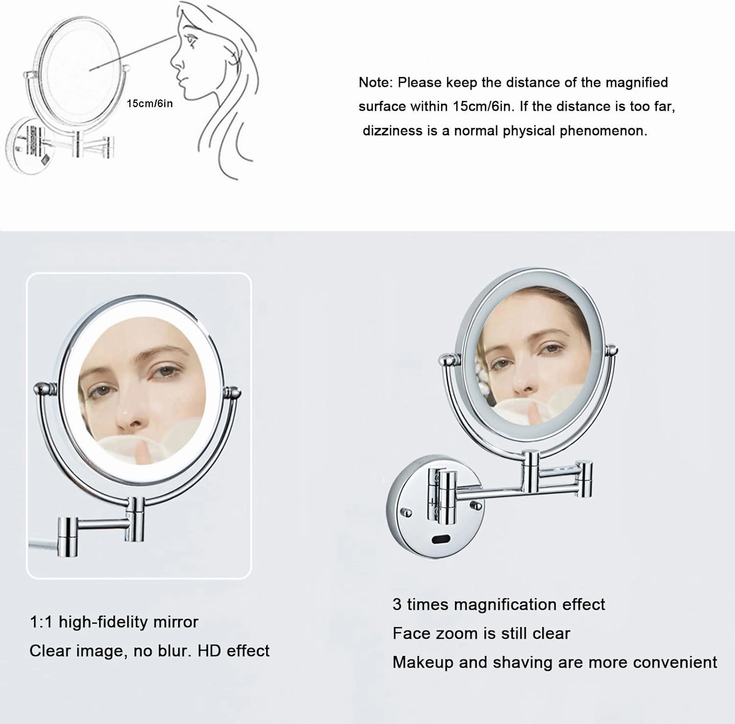 Lighted Makeup Mirror Wall Mounted, Cosmetic Mirror with Magnification, Double Sided Vanity Mirror with Led Lights, 360° Swivel Bathroom Shaving Mirror Extend and Fold