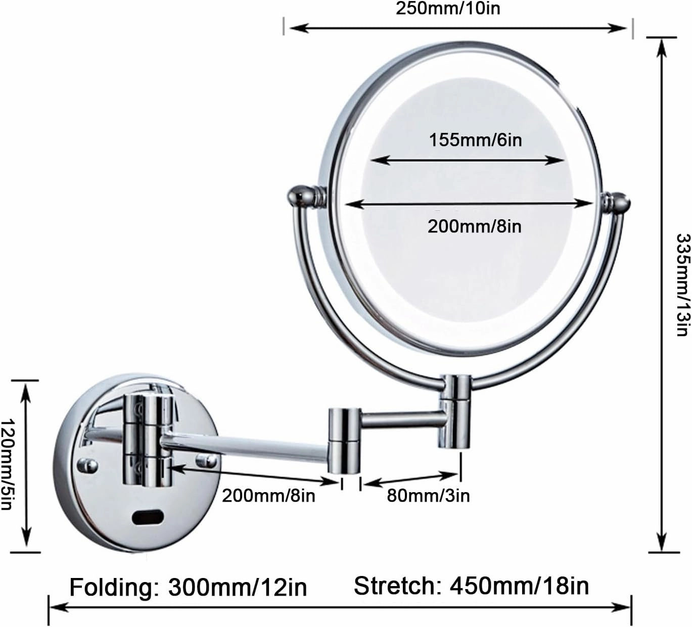 Lighted Makeup Mirror Wall Mounted, Cosmetic Mirror with Magnification, Double Sided Vanity Mirror with Led Lights, 360° Swivel Bathroom Shaving Mirror Extend and Fold
