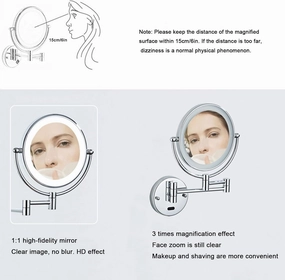 Lighted Makeup Mirror Wall Mounted, Cosmetic Mirror with Magnification, Double Sided Vanity Mirror with Led Lights, 360° Swivel Bathroom Shaving Mirror Extend and Fold