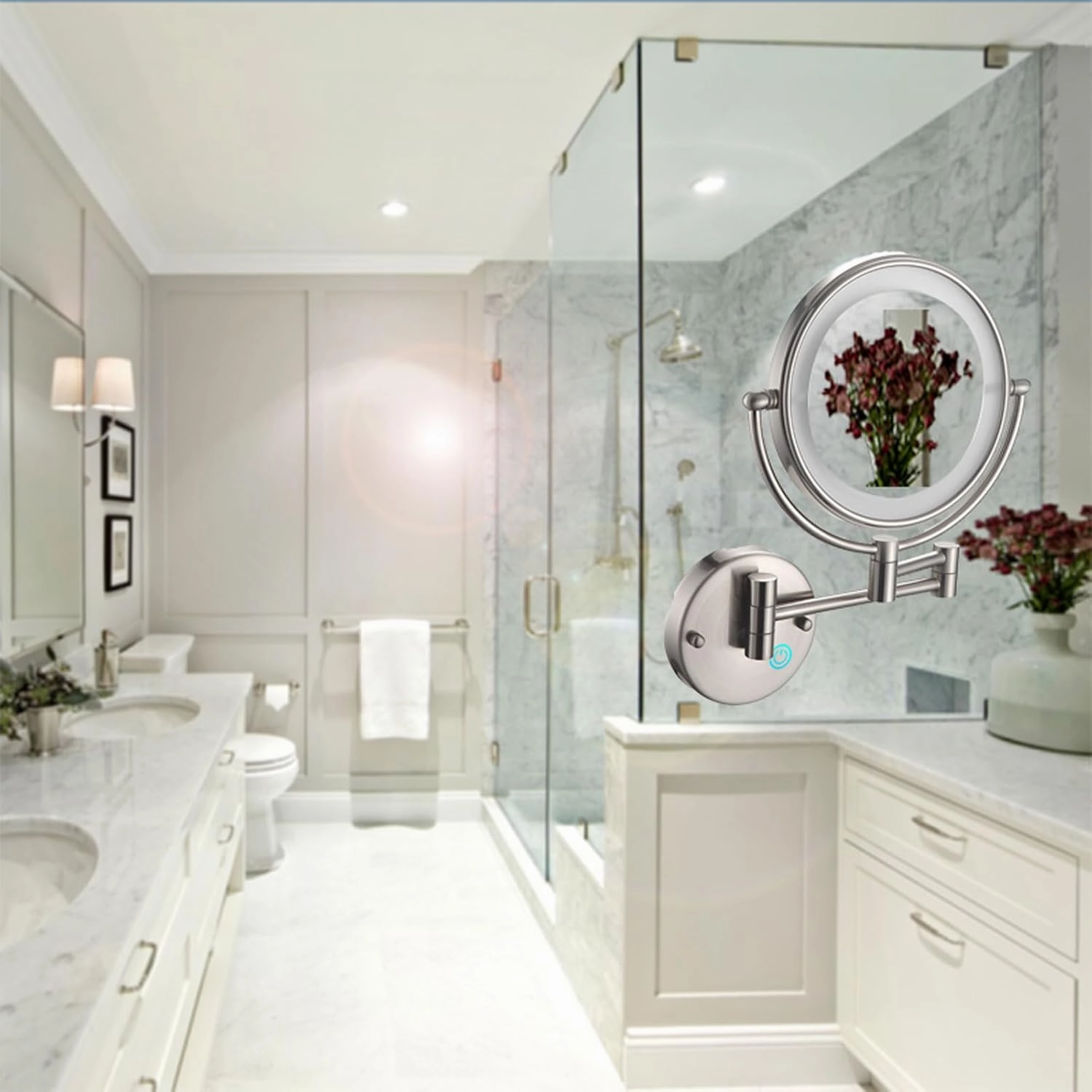 Lighted Makeup Mirror Wall Mounted, Cosmetic Mirror with Magnification, Double Sided Vanity Mirror with Led Lights, 360° Swivel Bathroom Shaving Mirror Extend and Fold