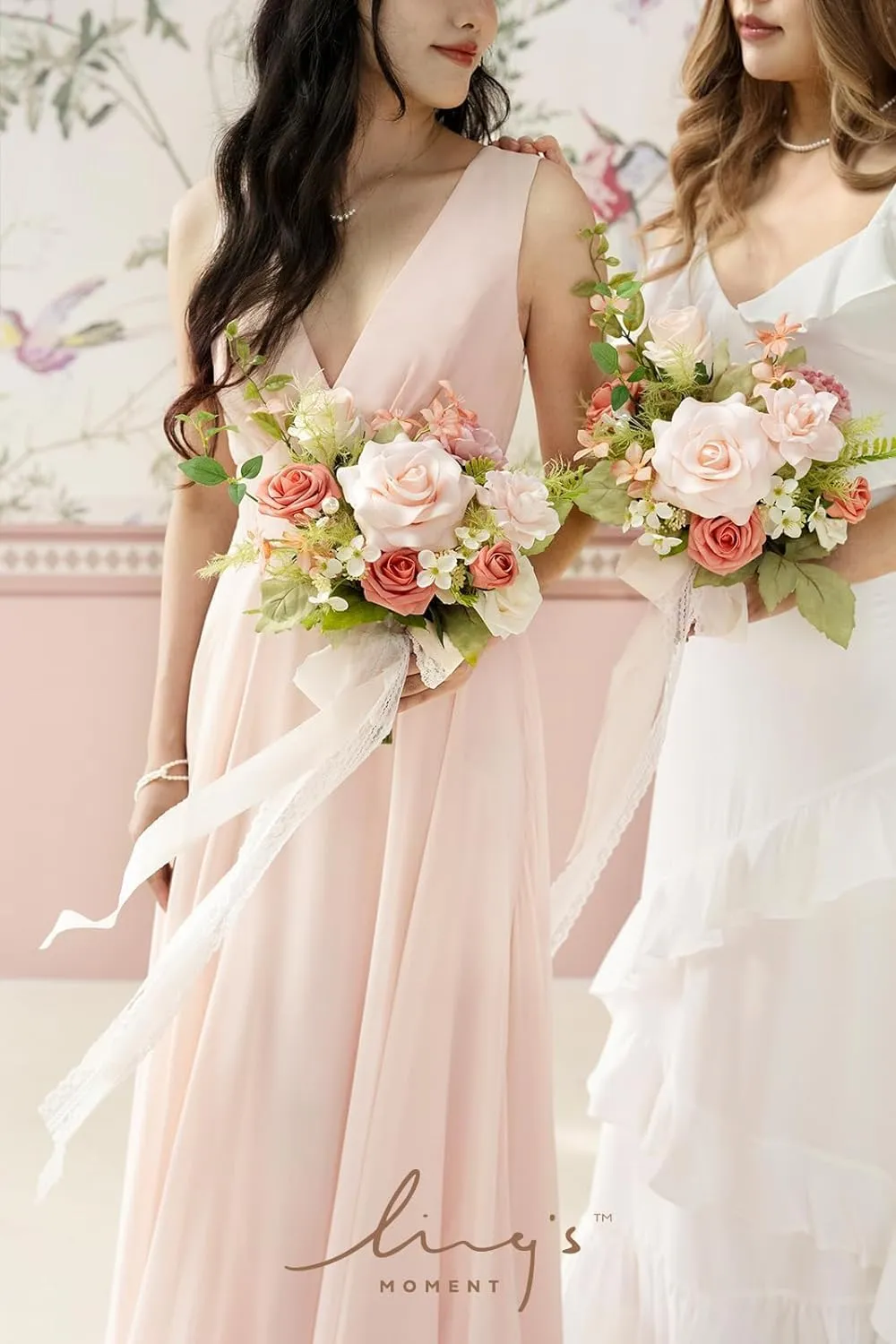 Ling's Moment Artificial Flowers Pink Bridesmaid Bouquet, Blush Garden Wedding Flowers Bouquets for Bridesmaids, 7 Inch Bridal Bouquets for Bridesmaids, Wedding, etc