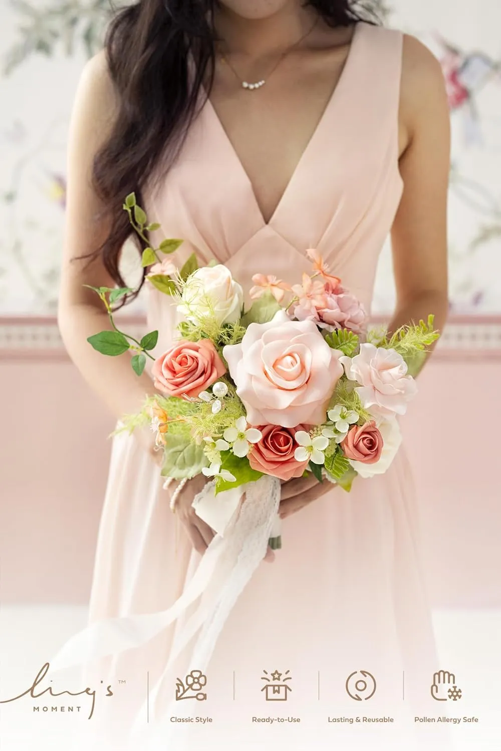 Ling's Moment Artificial Flowers Pink Bridesmaid Bouquet, Blush Garden Wedding Flowers Bouquets for Bridesmaids, 7 Inch Bridal Bouquets for Bridesmaids, Wedding, etc