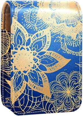 Lipstick Case,Leather Lip Gloss Lipstick Organizer with Mirror,Mini Lipstick Holder Bag,Blue and Gold Mandala Pattern