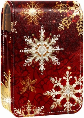 Lipstick Case,Leather Lip Gloss Lipstick Organizer with Mirror,Mini Lipstick Holder Bag,Christmas Gold White Snowflakes