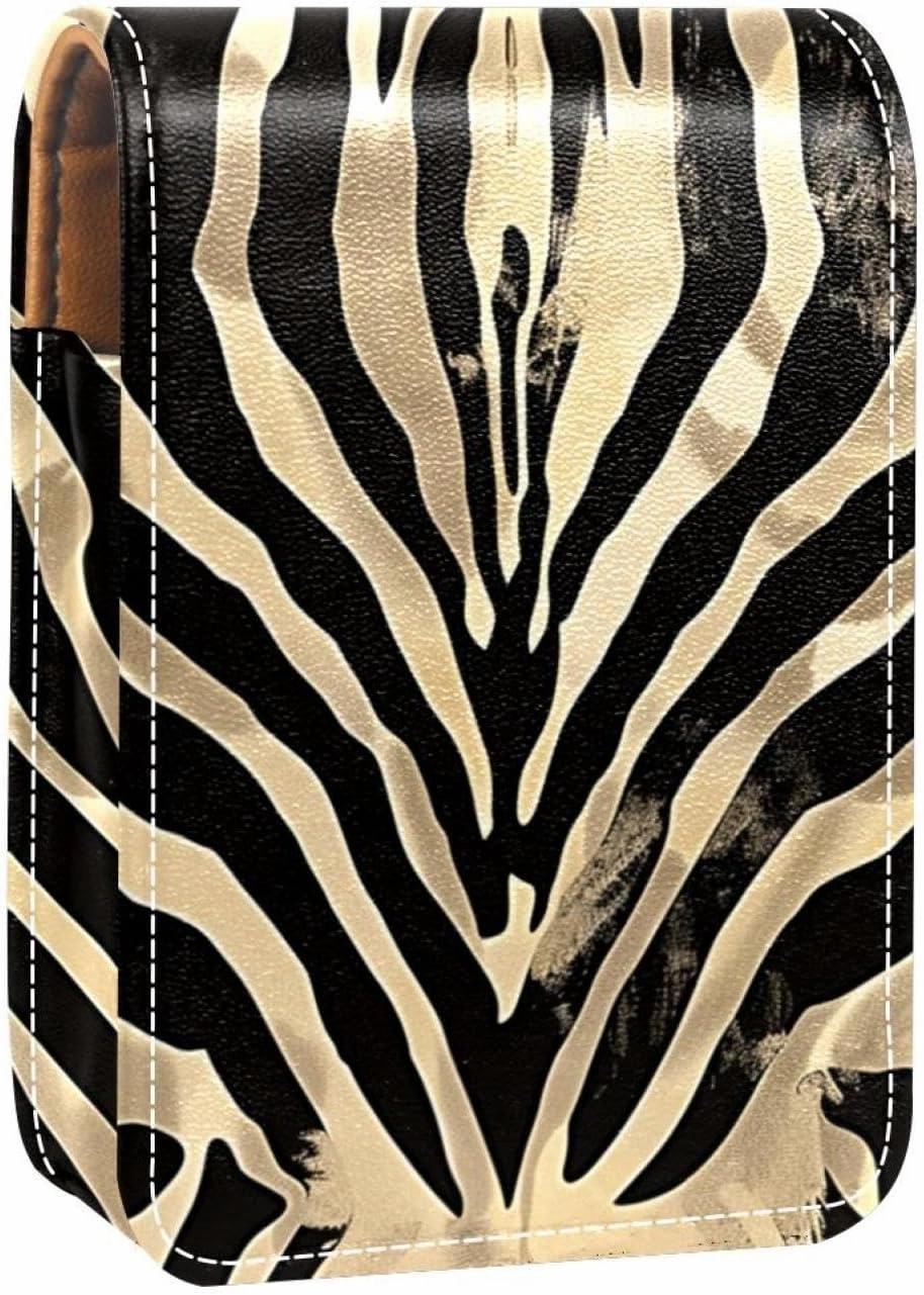 Lipstick Case,Leather Lip Gloss Lipstick Organizer with Mirror,Mini Lipstick Holder Bag,Classic Black Gold Zebra
