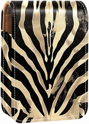Lipstick Case,Leather Lip Gloss Lipstick Organizer with Mirror,Mini Lipstick Holder Bag,Classic Black Gold Zebra
