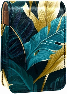 Lipstick Case,Leather Lip Gloss Lipstick Organizer with Mirror,Mini Lipstick Holder Bag,Tropical Leaves Graphic Gold