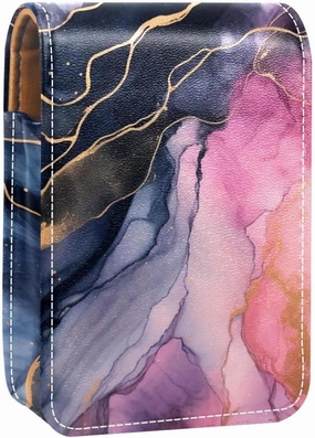 Lipstick Case,Leather Lip Gloss Lipstick Organizer with Mirror,Mini Lipstick Holder Bag,Watercolor Gray and Gold