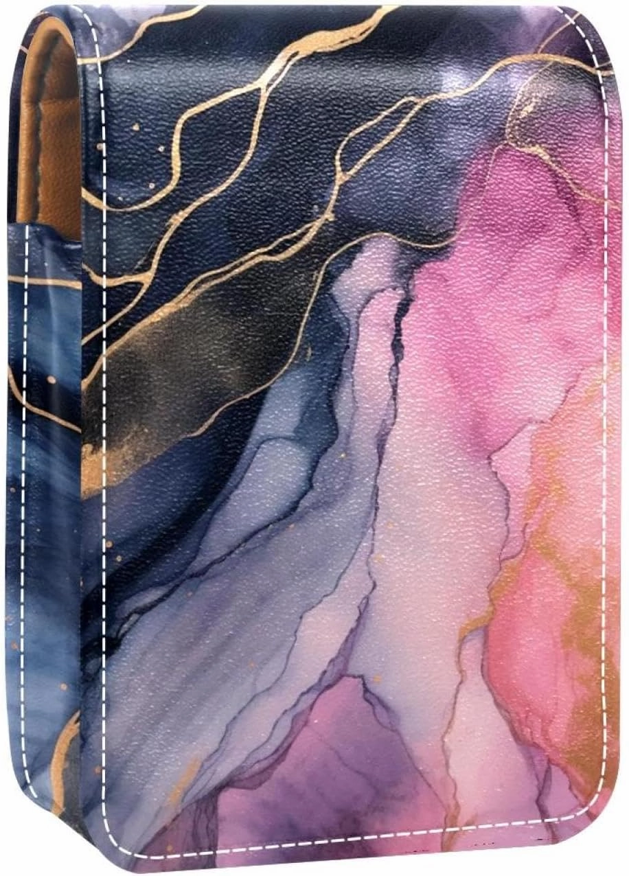 Lipstick Case,Leather Lip Gloss Lipstick Organizer with Mirror,Mini Lipstick Holder Bag,Watercolor Gray and Gold