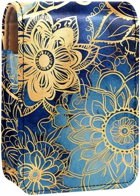 Lipstick Case,Portable Makeup Bag Cosmetic Pouch,Lipstick Holder Makeup Organizer,Blue and Gold Mandala Pattern
