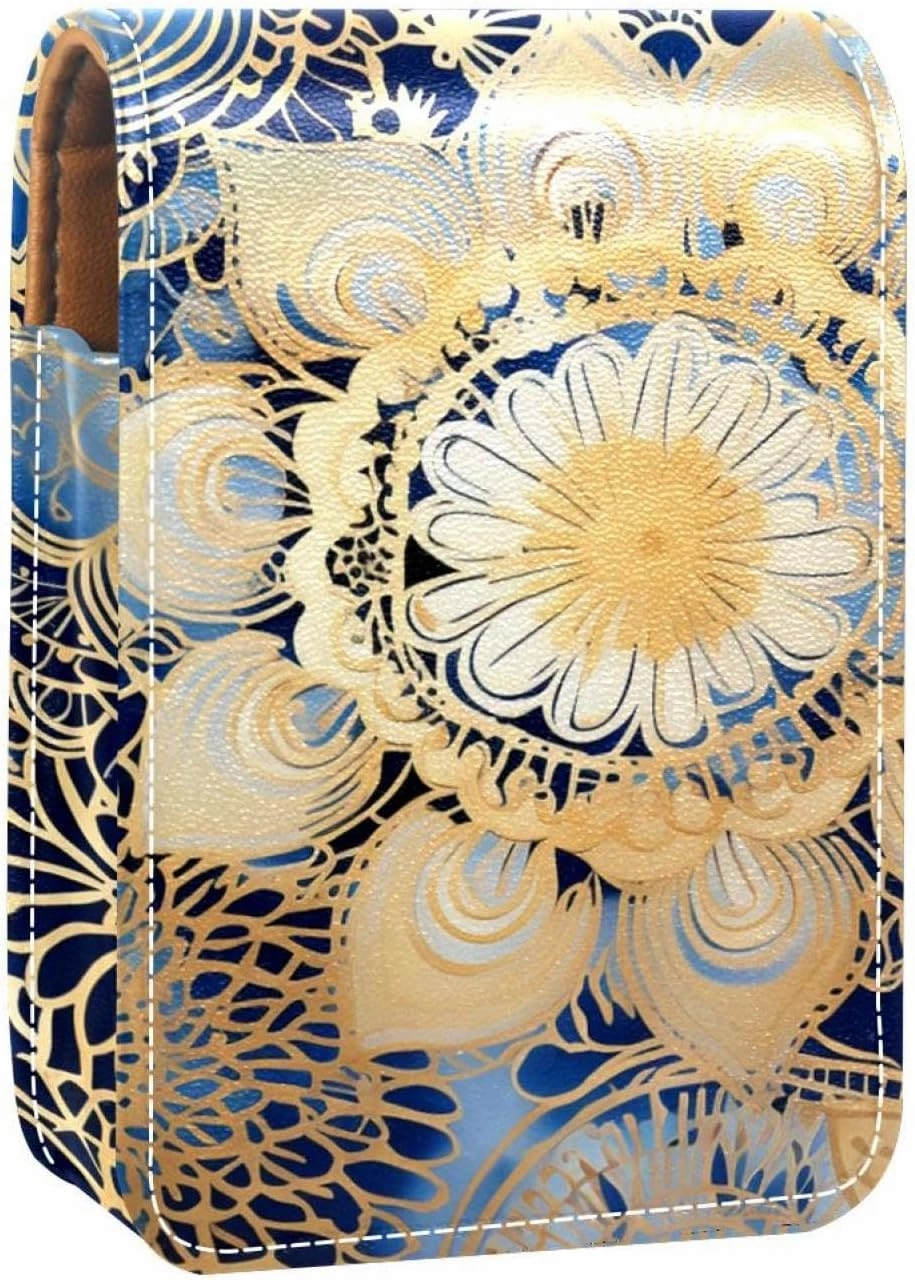 Lipstick Case,Portable Makeup Bag Cosmetic Pouch,Lipstick Holder Makeup Organizer,Blue and Gold Mandala Pattern