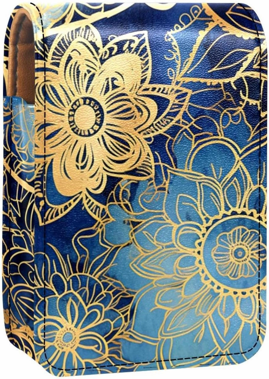 Lipstick Case,Portable Makeup Bag Cosmetic Pouch,Lipstick Holder Makeup Organizer,Blue and Gold Mandala Pattern