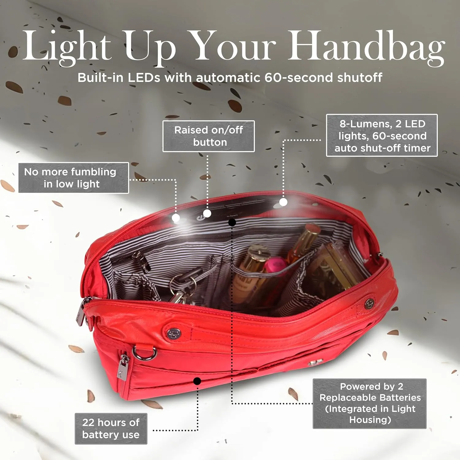 Littbag Handbag Organizer with Patented LED & Auto 60-sec Shutoff - Featured in Oprah's Favorite Things – Purse Organizer with 12 Compartments, Clear Pockets, Zippered Privacy Pocket & More (Red)
