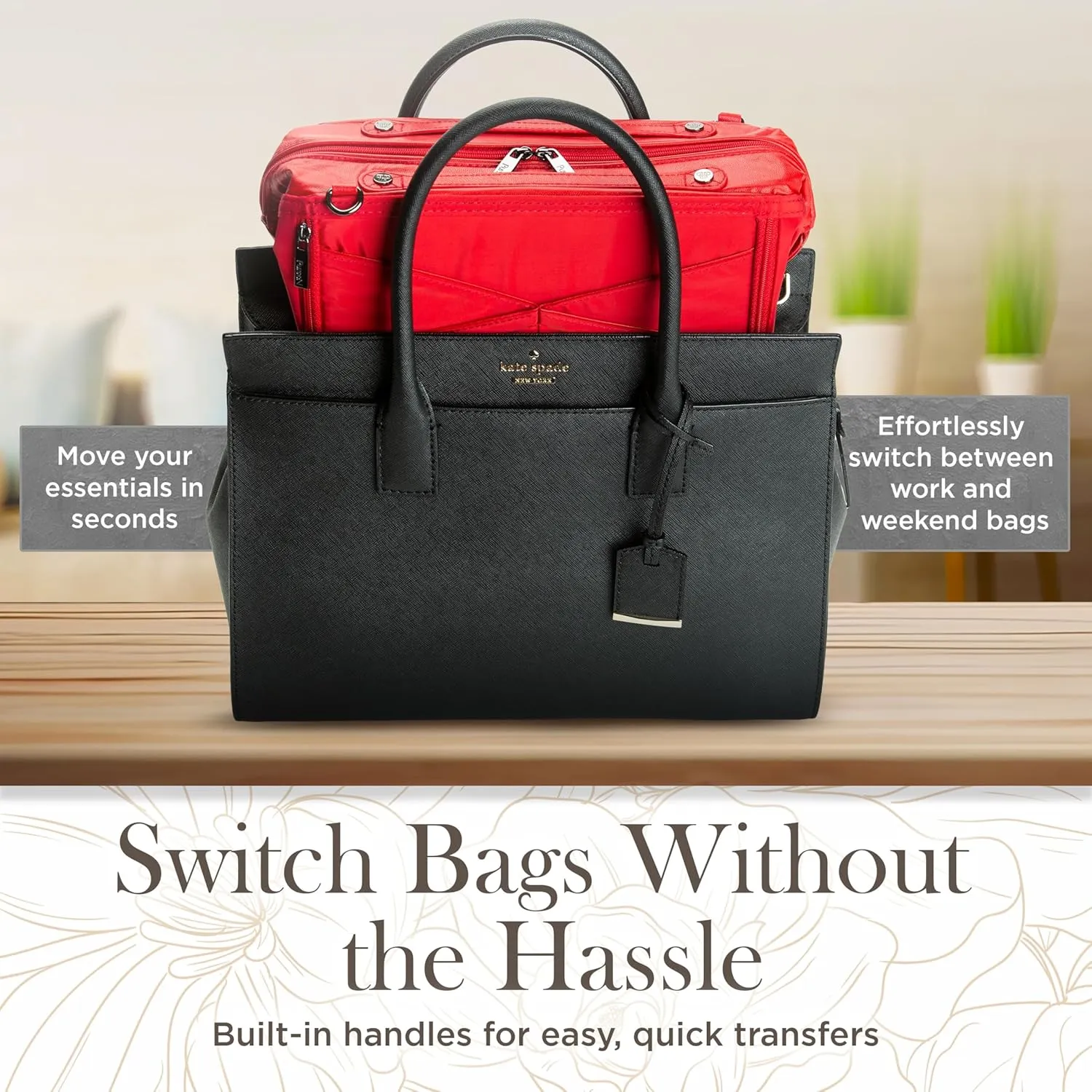 Littbag Handbag Organizer with Patented LED & Auto 60-sec Shutoff - Featured in Oprah's Favorite Things – Purse Organizer with 12 Compartments, Clear Pockets, Zippered Privacy Pocket & More (Red)