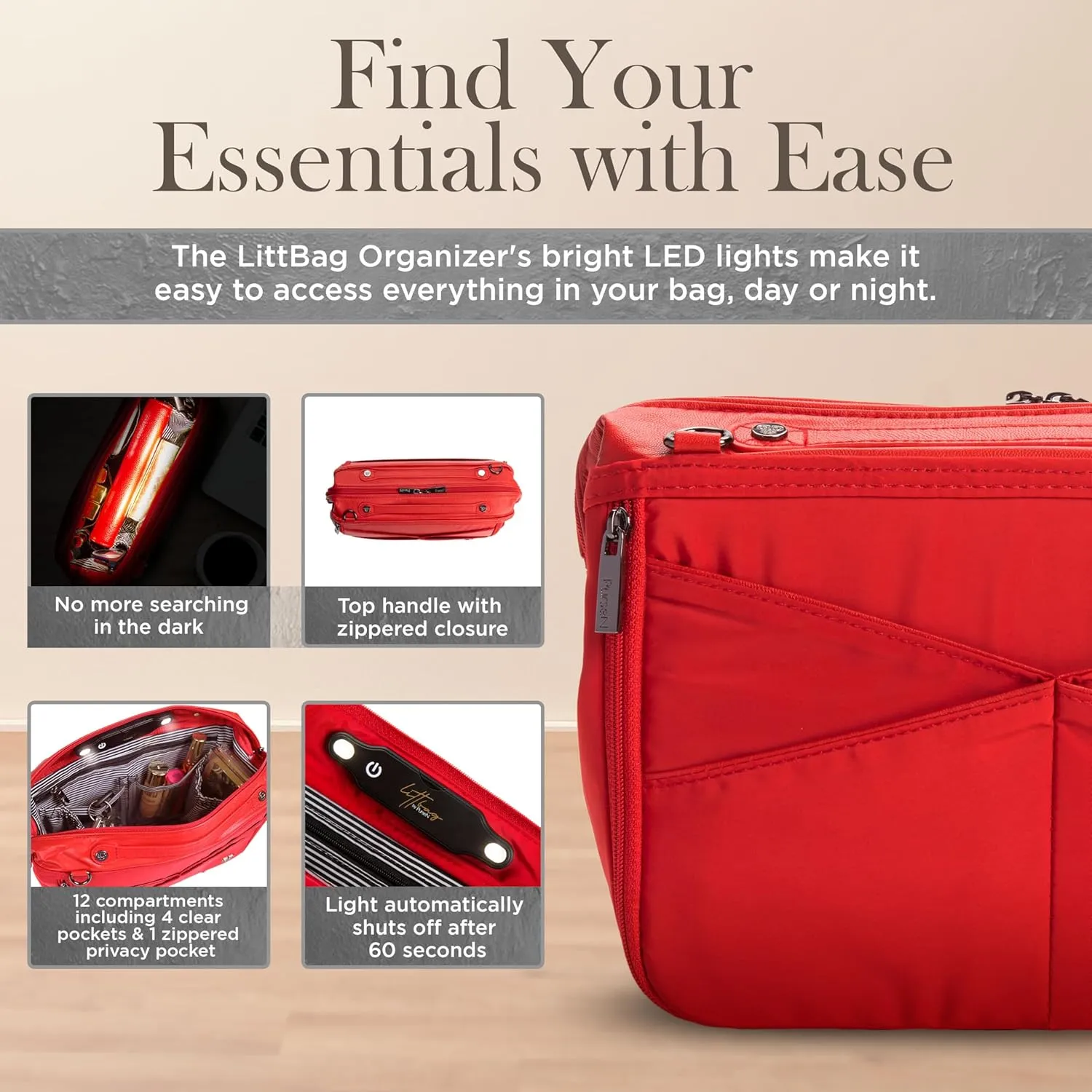 Littbag Handbag Organizer with Patented LED & Auto 60-sec Shutoff - Featured in Oprah's Favorite Things – Purse Organizer with 12 Compartments, Clear Pockets, Zippered Privacy Pocket & More (Red)
