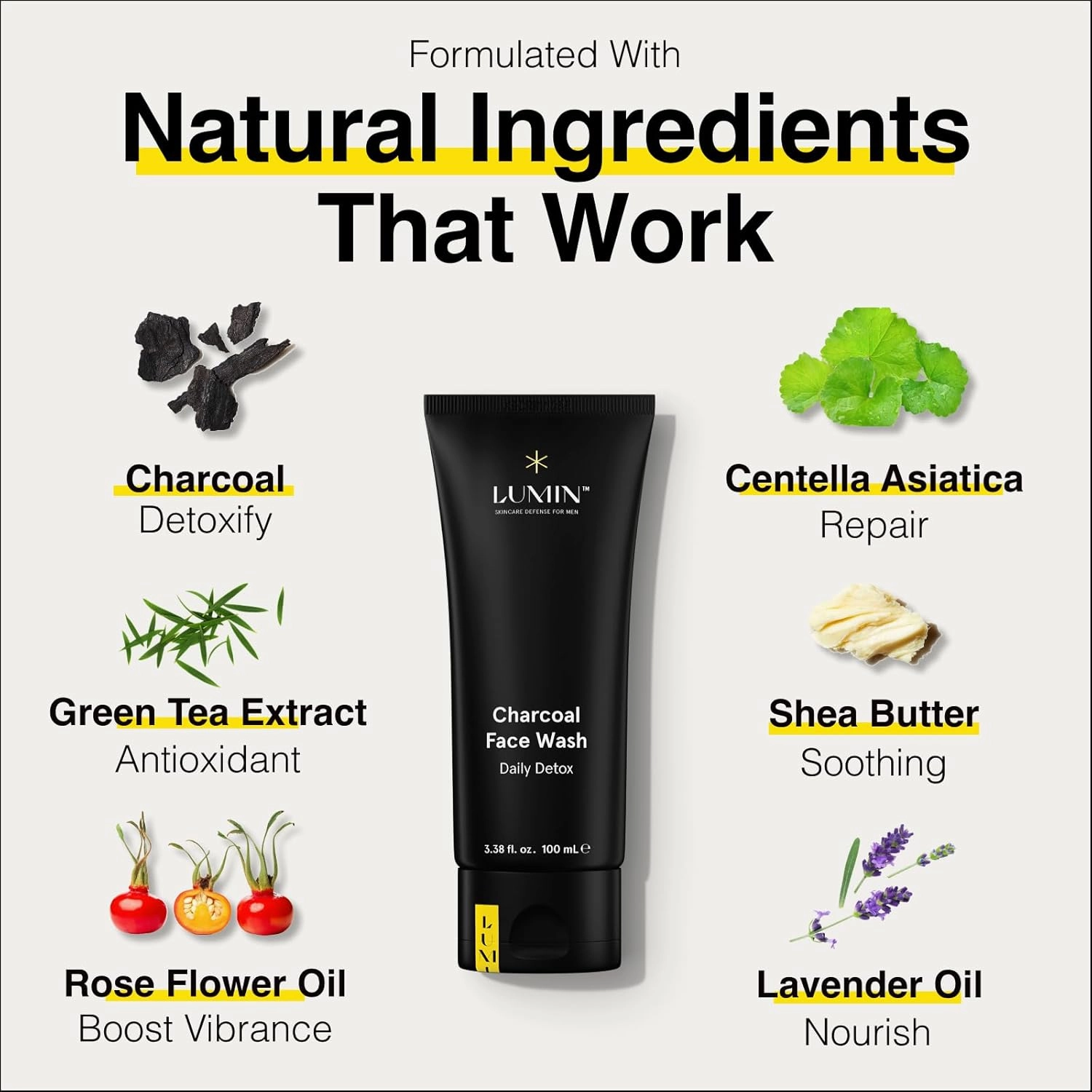 Lumin Charcoal Face Wash for Men Skincare - Daily Detox, Hydrating Face Cleanser, Removes Impurities, Exfoliates, Unclogs Pores, Controls Oil, Soothes Irritation, All Skin Types, 2 Pack
