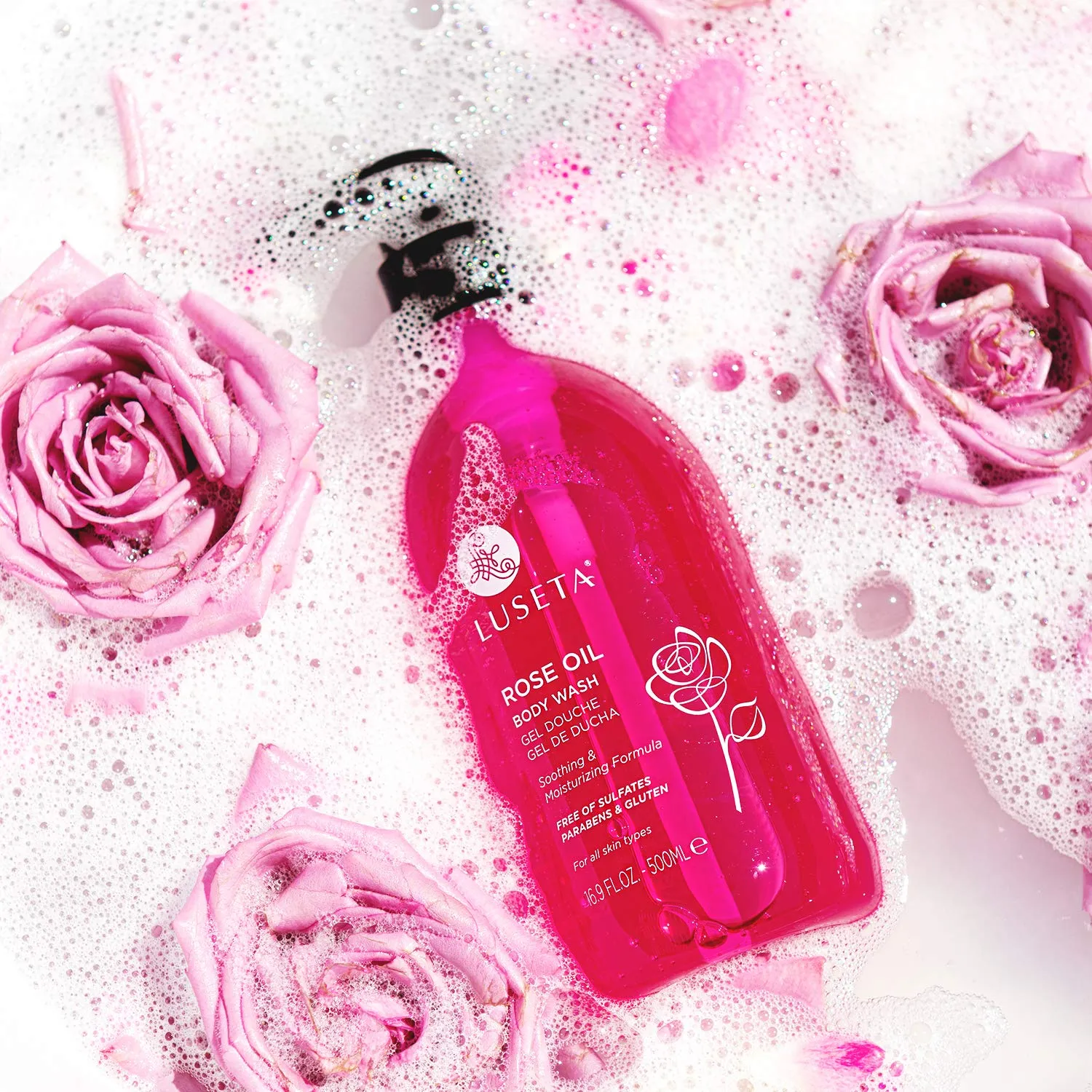 Luseta Rose Oil Body Wash for Dry Skin Women 16.9oz, Smell Good Hydrating Shower Gel for Nourishing Essential Body Care, Sulfate & Paraben Free Itch, Ringworm, Shower Gel