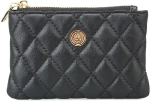 Luxury Black Quilted Leather Coin Purse Card Holder Wallet Credit Small Compact Business with Keyring Gift for Women Girl