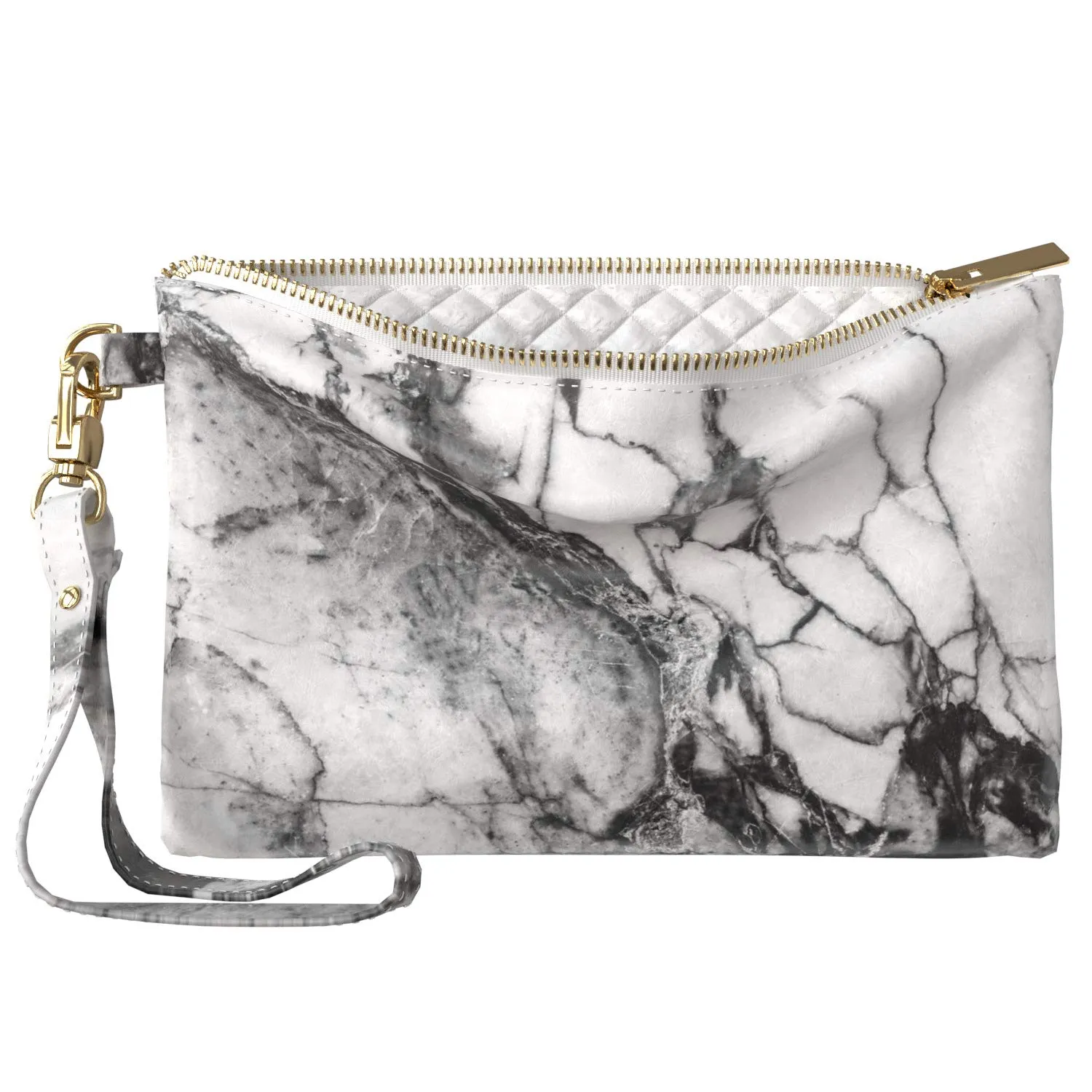 Makeup Bag 9.5 x 6 inch Cosmetic Glam Print PU Leather Toiletry Zipper Travel Case Basic Portable Organizer Design Gray Purse Pouch Storage Marble Classy Cracked White Strap Accessories Black