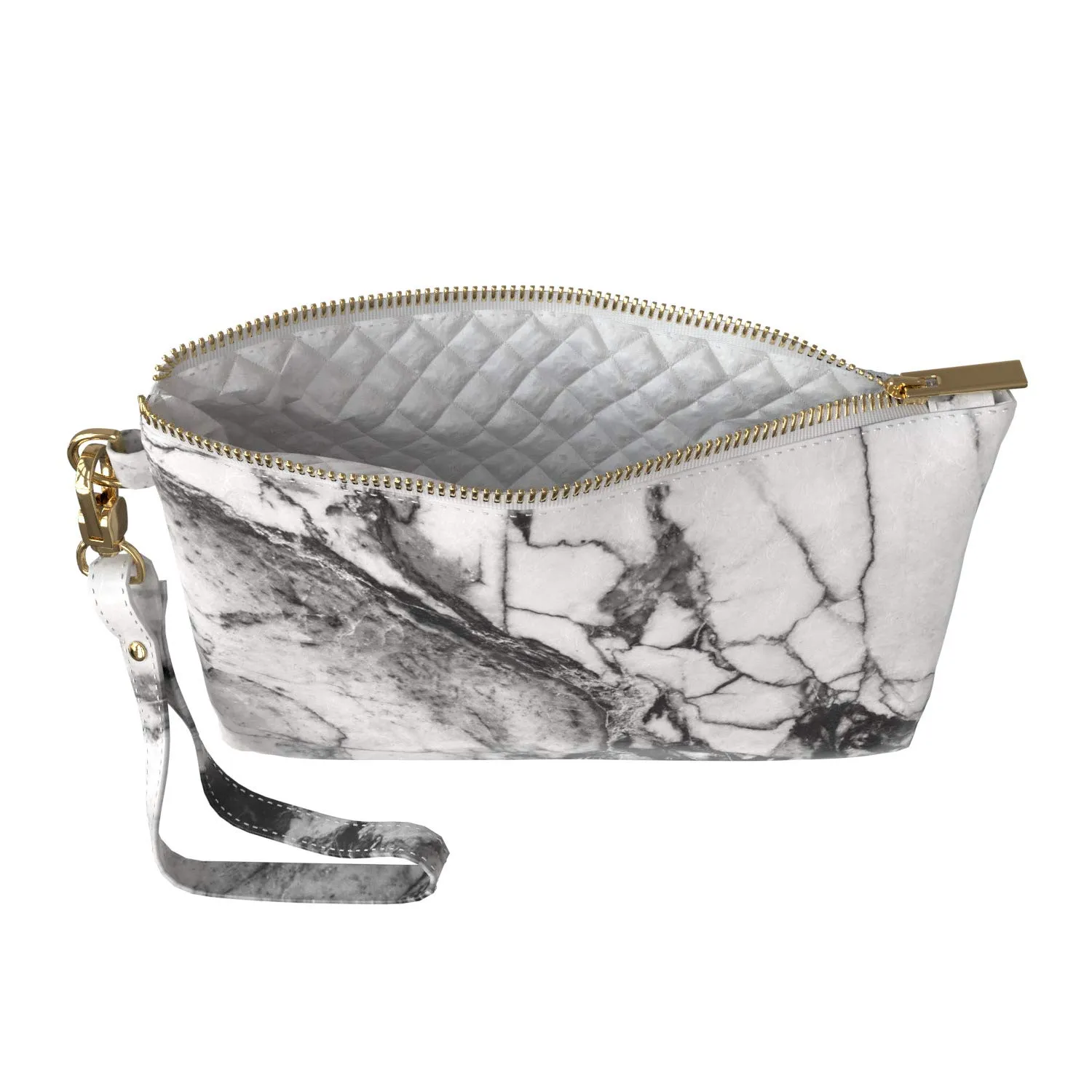 Makeup Bag 9.5 x 6 inch Cosmetic Glam Print PU Leather Toiletry Zipper Travel Case Basic Portable Organizer Design Gray Purse Pouch Storage Marble Classy Cracked White Strap Accessories Black