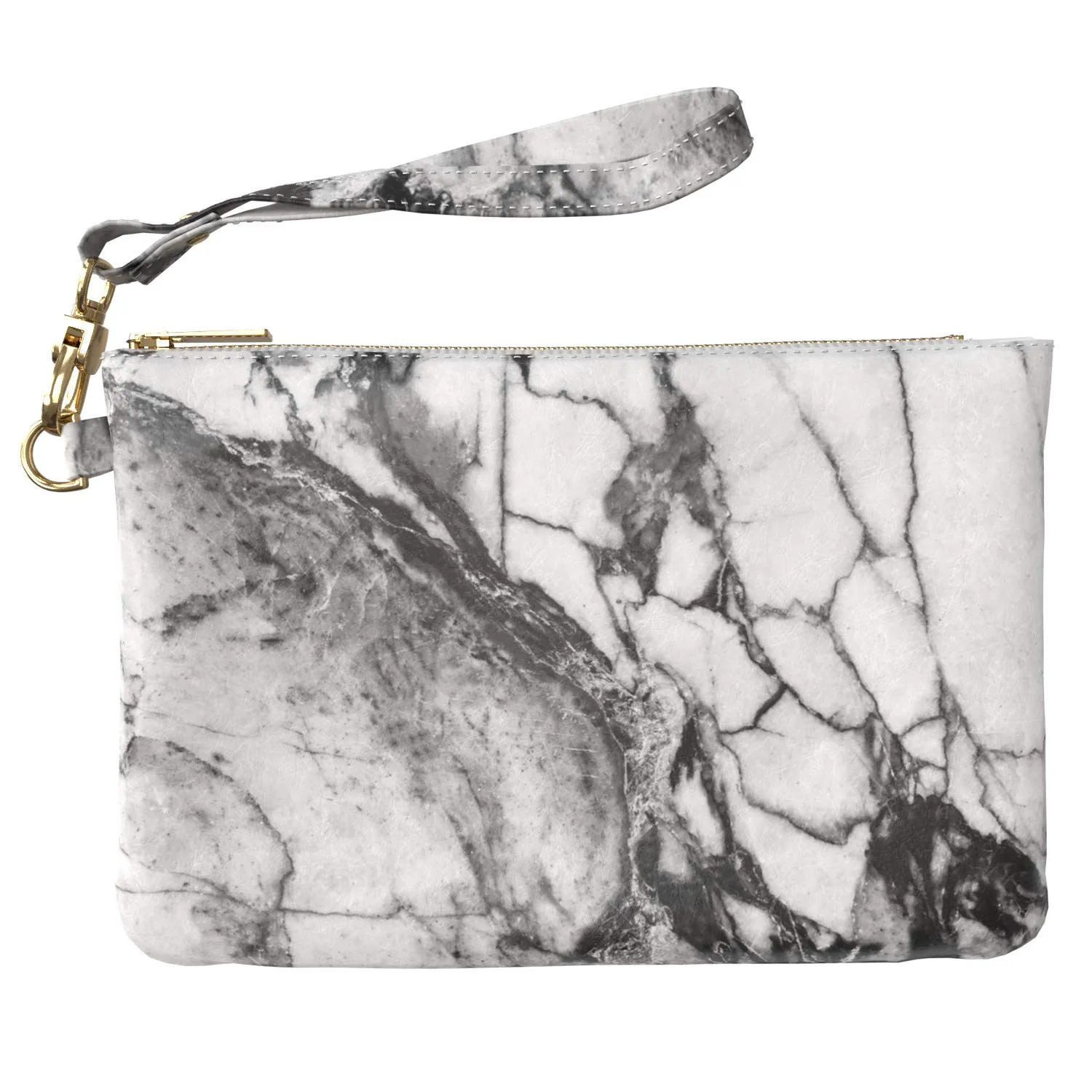 Makeup Bag 9.5 x 6 inch Cosmetic Glam Print PU Leather Toiletry Zipper Travel Case Basic Portable Organizer Design Gray Purse Pouch Storage Marble Classy Cracked White Strap Accessories Black