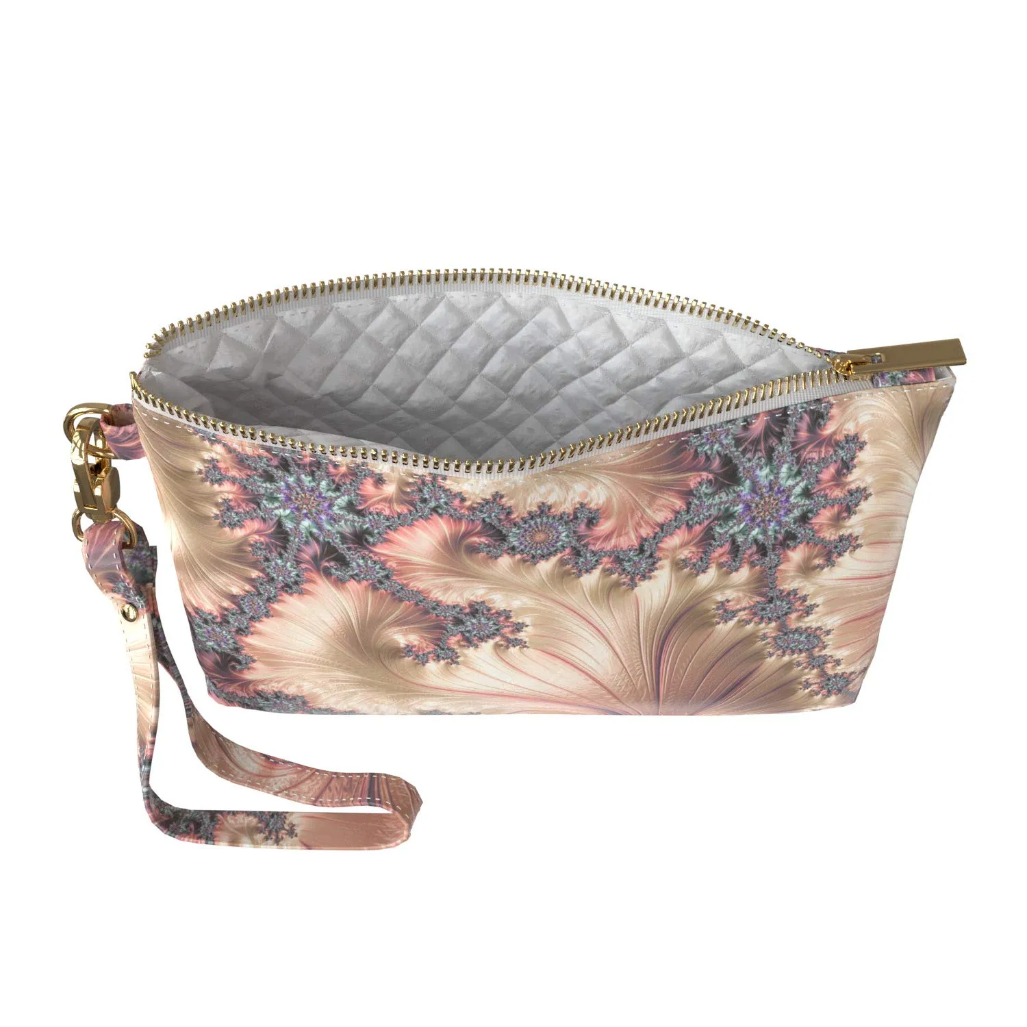 Makeup Bag 9.5 x 6 inch Gold Fractal Storage Roses Purse Pouch Abstract New Cosmetic Print PU Leather Toiletry Zipper Travel Case Luxury Strap Accessories Portable Organizer Design Pearl Paint