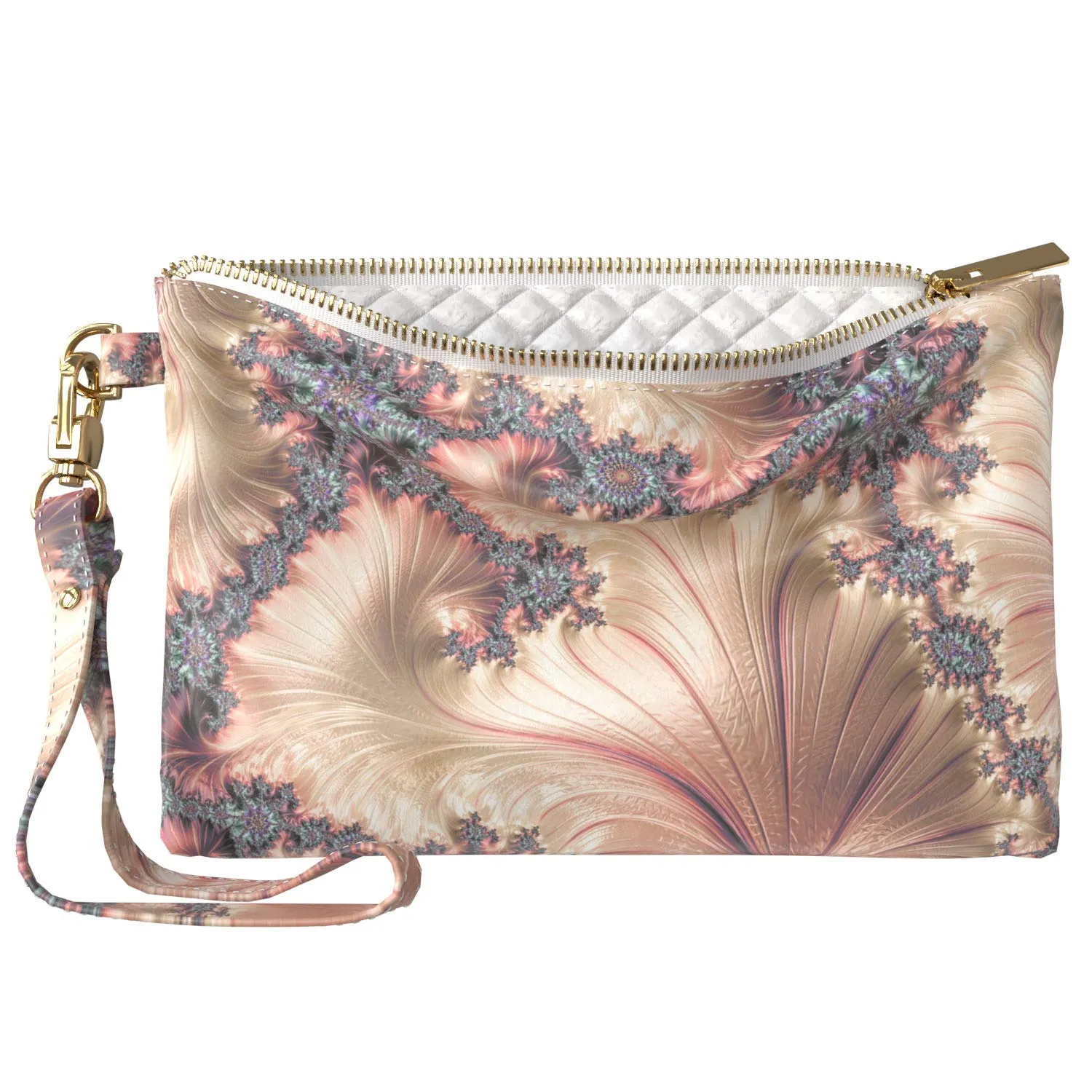 Makeup Bag 9.5 x 6 inch Gold Fractal Storage Roses Purse Pouch Abstract New Cosmetic Print PU Leather Toiletry Zipper Travel Case Luxury Strap Accessories Portable Organizer Design Pearl Paint