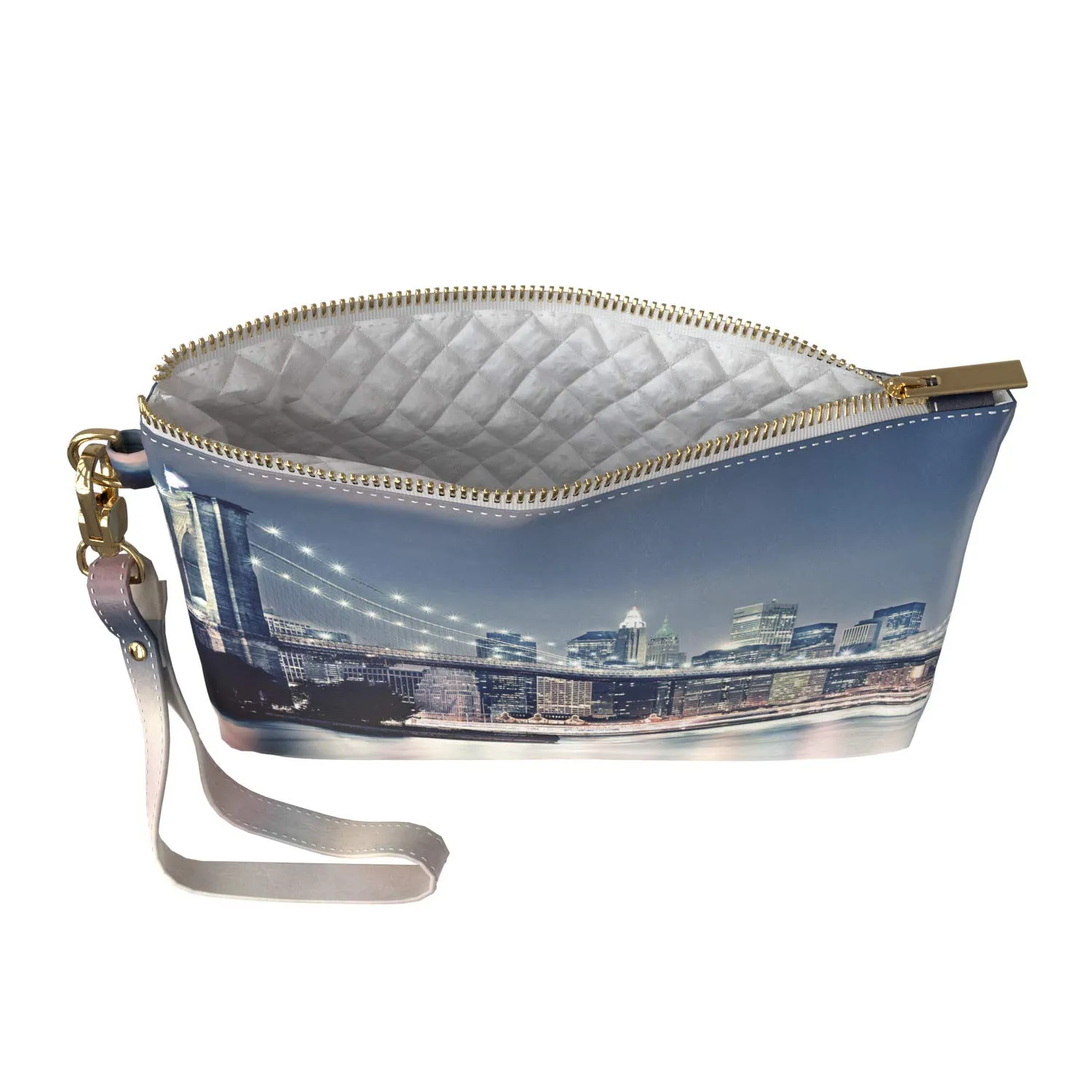 Makeup Bag 9.5 x 6 inch Nightlife Print PU Leather Toiletry Zipper Travel Case Brooklyn NY Portable Organizer Design City Strap Accessories USA America Cosmetic Storage Purse Pouch Bridge York