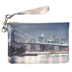 Makeup Bag 9.5 x 6 inch Nightlife Print PU Leather Toiletry Zipper Travel Case Brooklyn NY Portable Organizer Design City Strap Accessories USA America Cosmetic Storage Purse Pouch Bridge York
